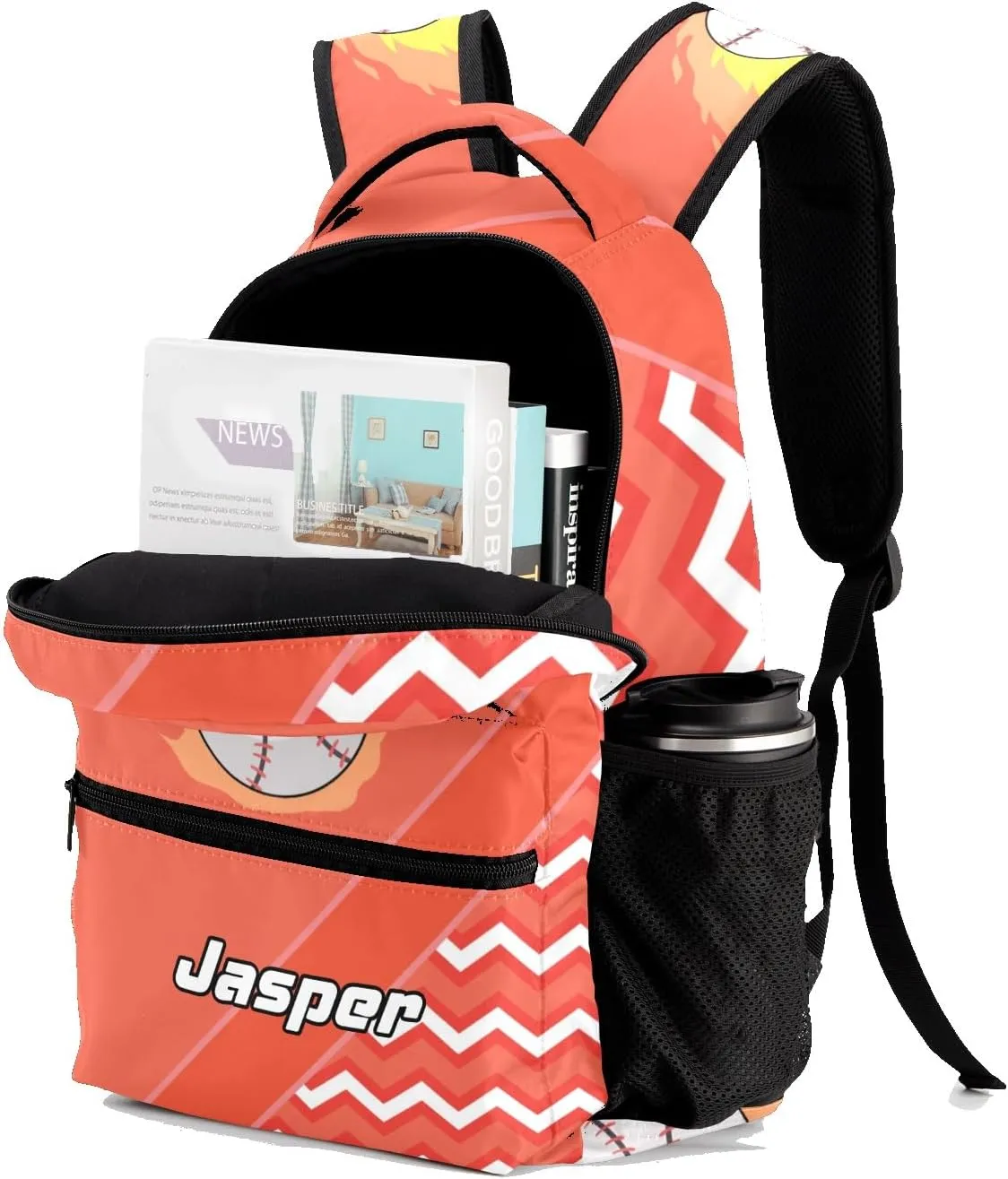 Baseball Fire Cool Excited Orange Personalized School Bookbag with Your Own Name, Customization Casual Bookbags for Student Girls Boys