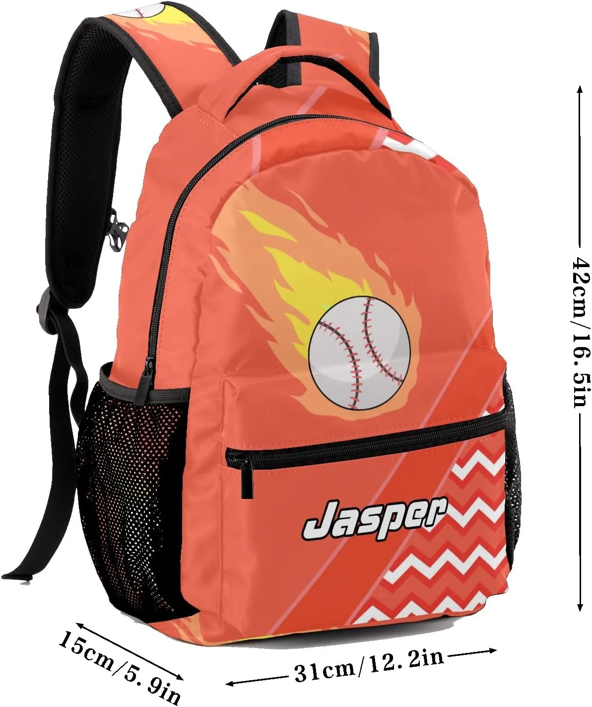 Baseball Fire Cool Excited Orange Personalized School Bookbag with Your Own Name, Customization Casual Bookbags for Student Girls Boys