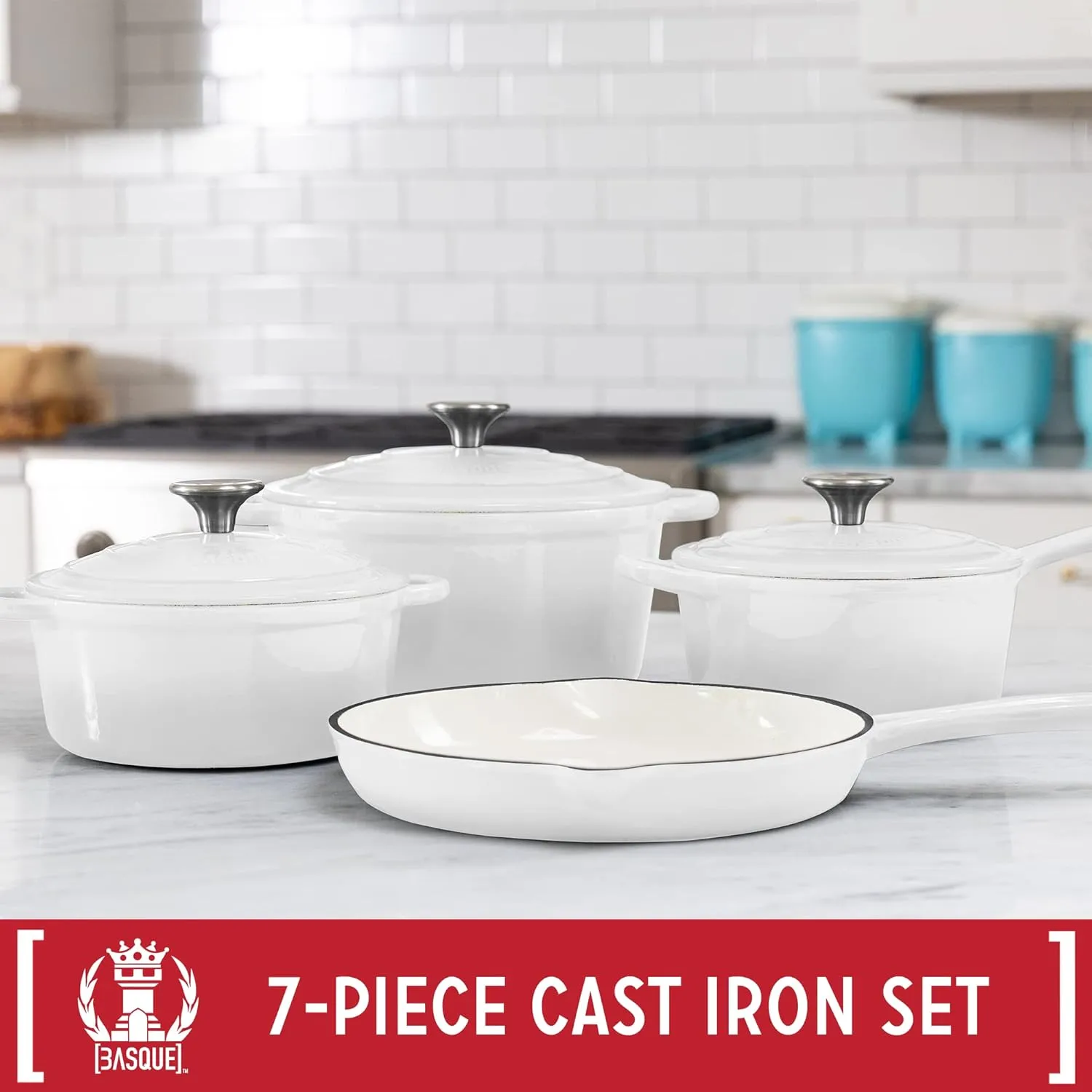Basque Enameled Cast Iron Cookware Set (Blanc White), 7-Piece Set, Nonstick, Oversized Handles, Oven Safe; 10.25" Skillet, 2QT Saucepan, 2.25QT Small Dutch Oven, 4.75QT Large Dutch Oven