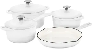 Basque Enameled Cast Iron Cookware Set (Blanc White), 7-Piece Set, Nonstick, Oversized Handles, Oven Safe; 10.25" Skillet, 2QT Saucepan, 2.25QT Small Dutch Oven, 4.75QT Large Dutch Oven