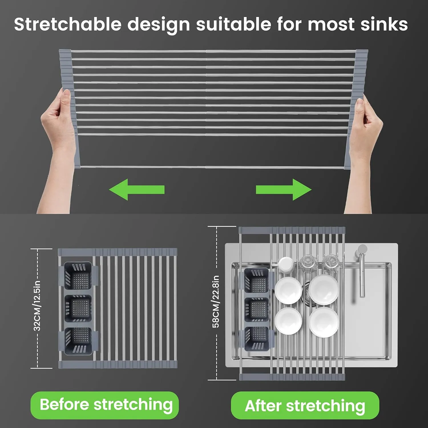 BBXTYLY Expandable Roll Up Dish Drying Rack Up to 22.8''with 2 Storage Baskets,Over The Sink Kitchen Rolling up Dish Drainer Drying Rack, Foldable,Rollable,for Kitchen Dishes(Expandable Width Size)