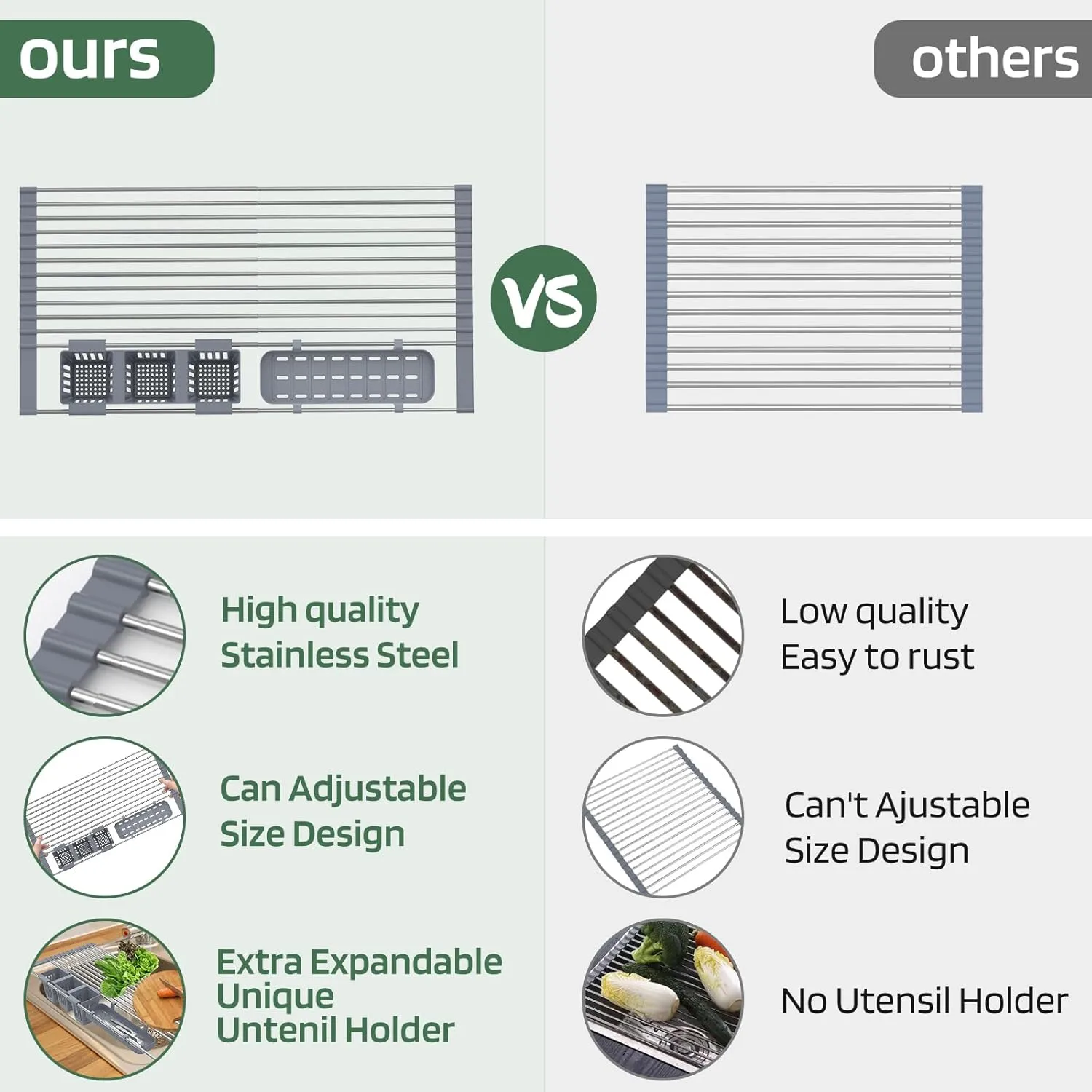 BBXTYLY Expandable Roll Up Dish Drying Rack Up to 22.8''with 2 Storage Baskets,Over The Sink Kitchen Rolling up Dish Drainer Drying Rack, Foldable,Rollable,for Kitchen Dishes(Expandable Width Size)