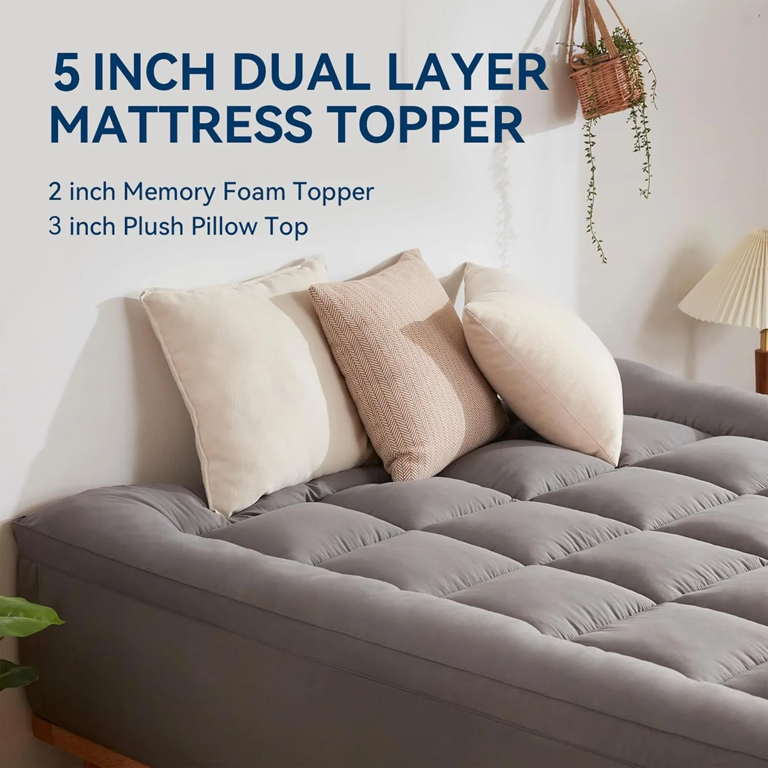 BDEUS Dual Layer 5 Inch Memory Foam Mattress Topper King Size, 2 Inch Gel Memory Foam Plus 3 Inch 1450 GSM Down Alternative Quilted Pillow Top Mattress Pad Cover,Dark Gray