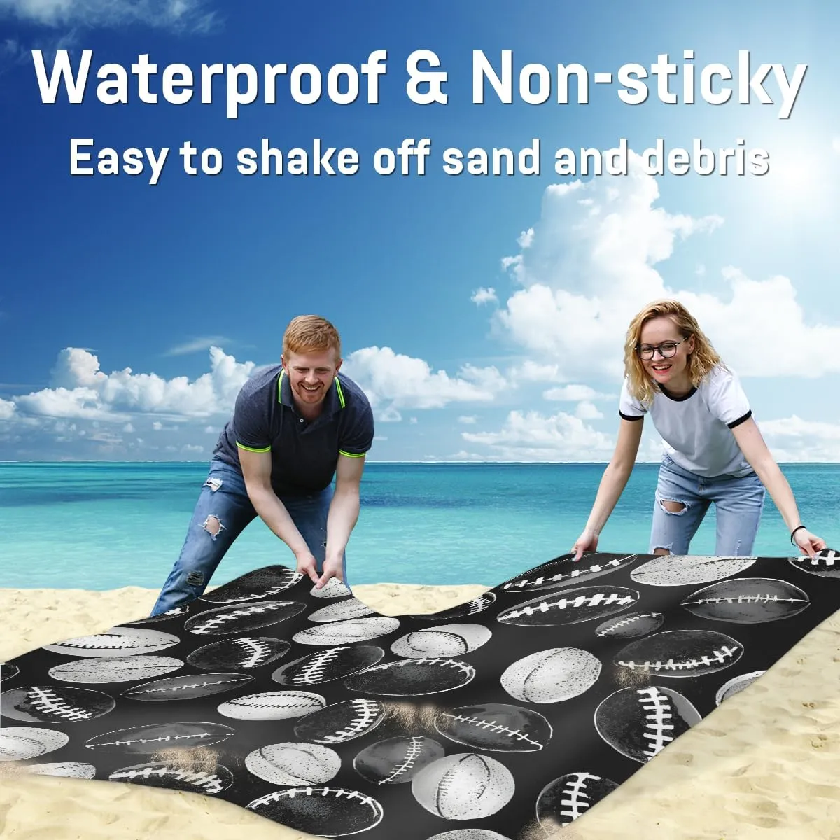 Beach Blanket, Football Sandproof Beach Mat, Waterproof Quick Drying Sand Free Mat with 4 x Ground Spikes for Outdoor Travel Camping Hiking, Sport Ball Theme 68 x 59 in