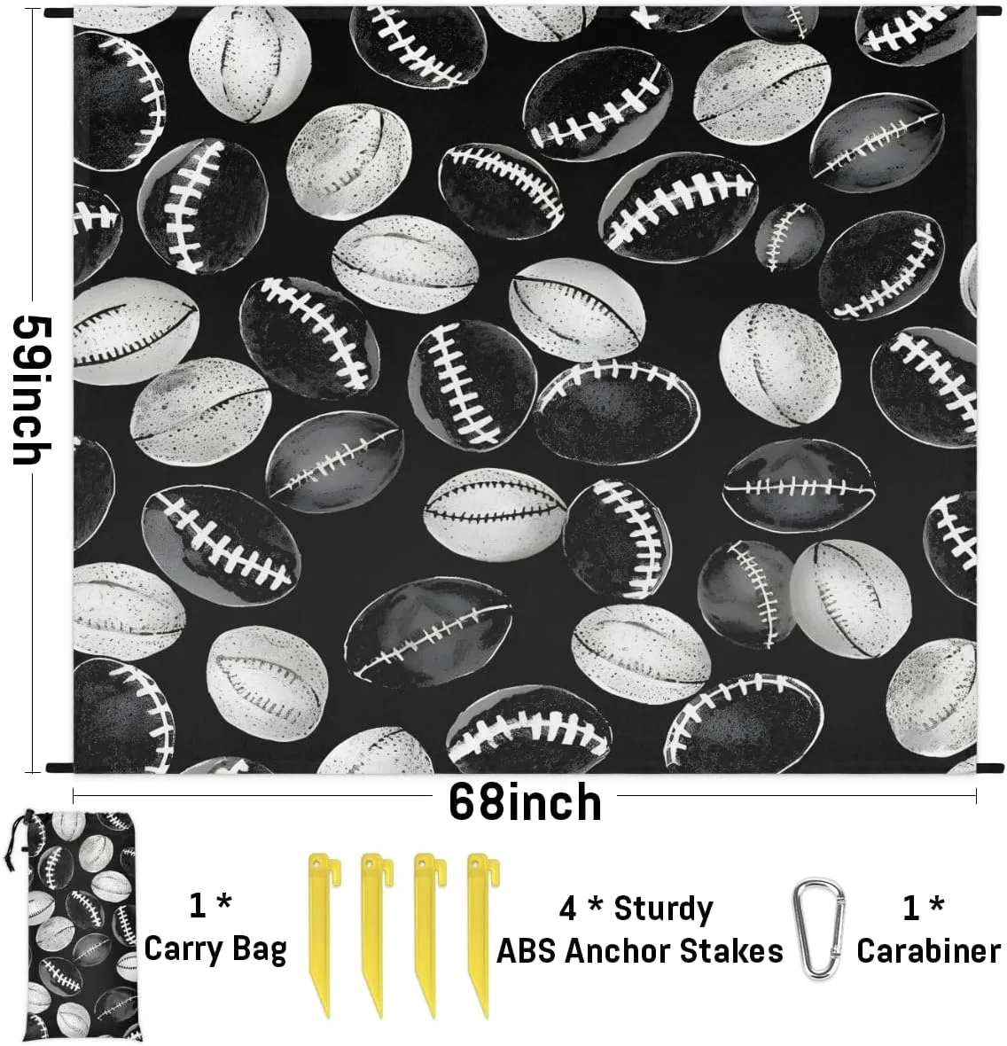 Beach Blanket, Football Sandproof Beach Mat, Waterproof Quick Drying Sand Free Mat with 4 x Ground Spikes for Outdoor Travel Camping Hiking, Sport Ball Theme 68 x 59 in