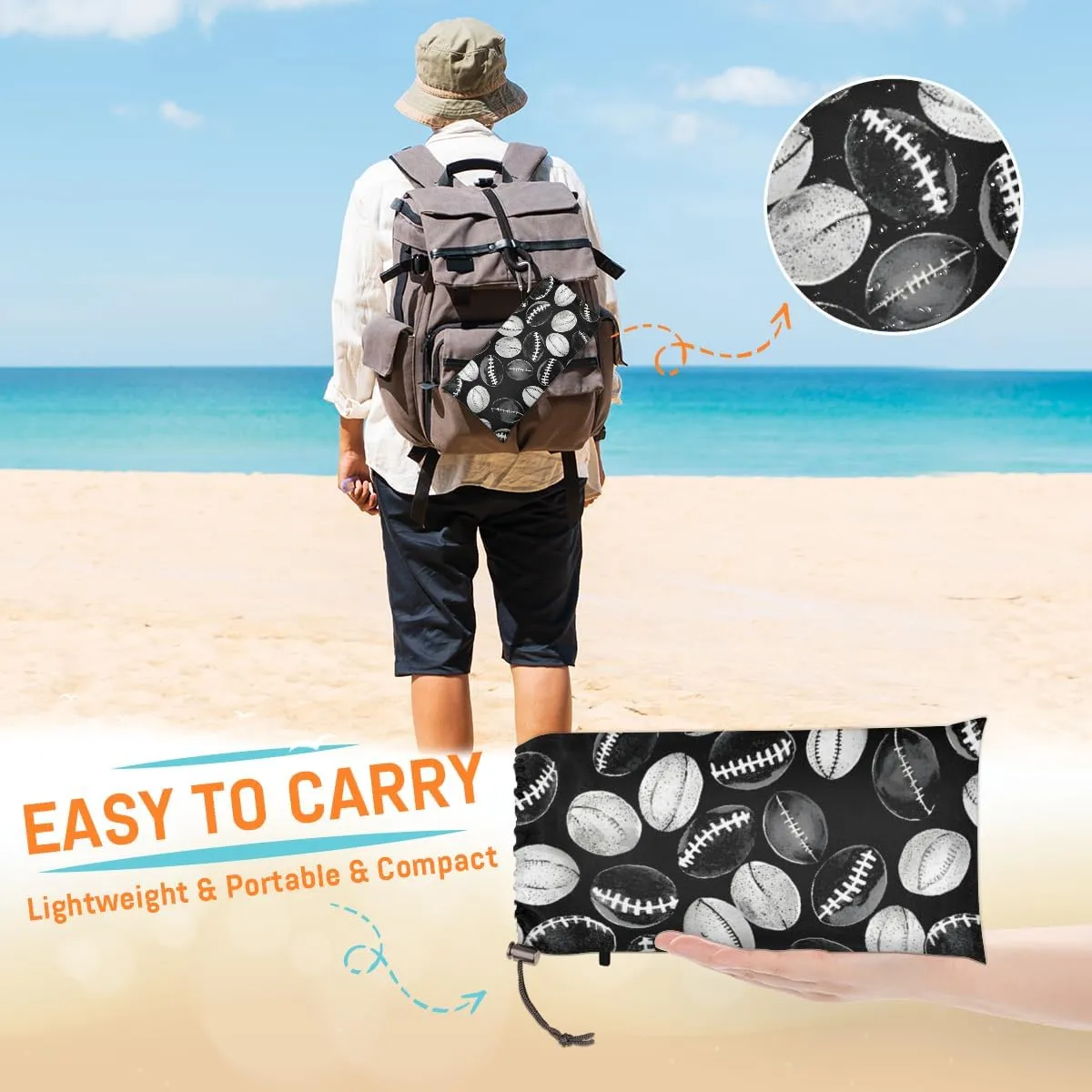 Beach Blanket, Football Sandproof Beach Mat, Waterproof Quick Drying Sand Free Mat with 4 x Ground Spikes for Outdoor Travel Camping Hiking, Sport Ball Theme 68 x 59 in