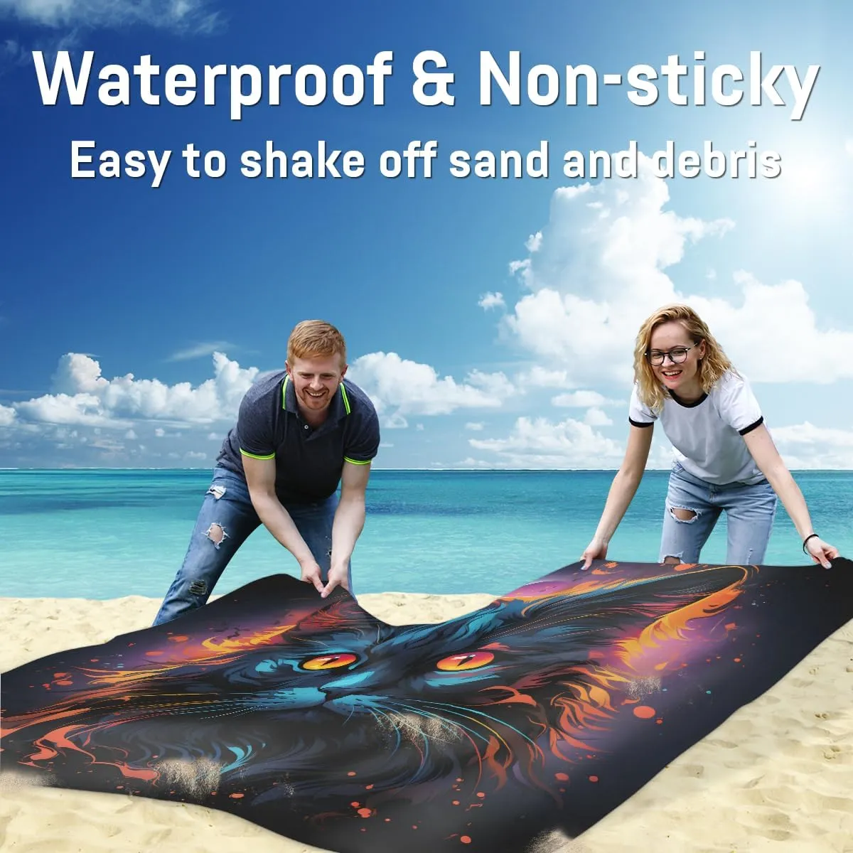 Beach Blanket, Funny Cat Sandproof Beach Mat, Waterproof Quick Drying Sand Free Mat with 4 x Ground Spikes for Outdoor Travel Camping Hiking, Animal Cat 68 x 59 in