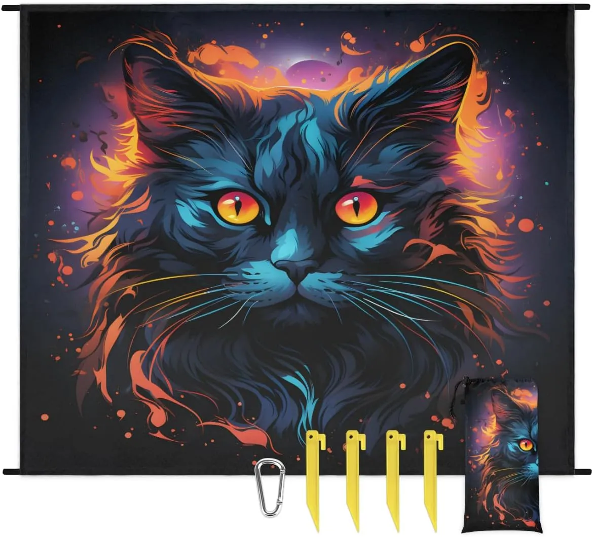 Beach Blanket, Funny Cat Sandproof Beach Mat, Waterproof Quick Drying Sand Free Mat with 4 x Ground Spikes for Outdoor Travel Camping Hiking, Animal Cat 68 x 59 in