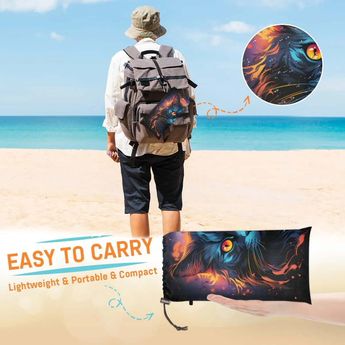 Beach Blanket, Funny Cat Sandproof Beach Mat, Waterproof Quick Drying Sand Free Mat with 4 x Ground Spikes for Outdoor Travel Camping Hiking, Animal Cat 68 x 59 in