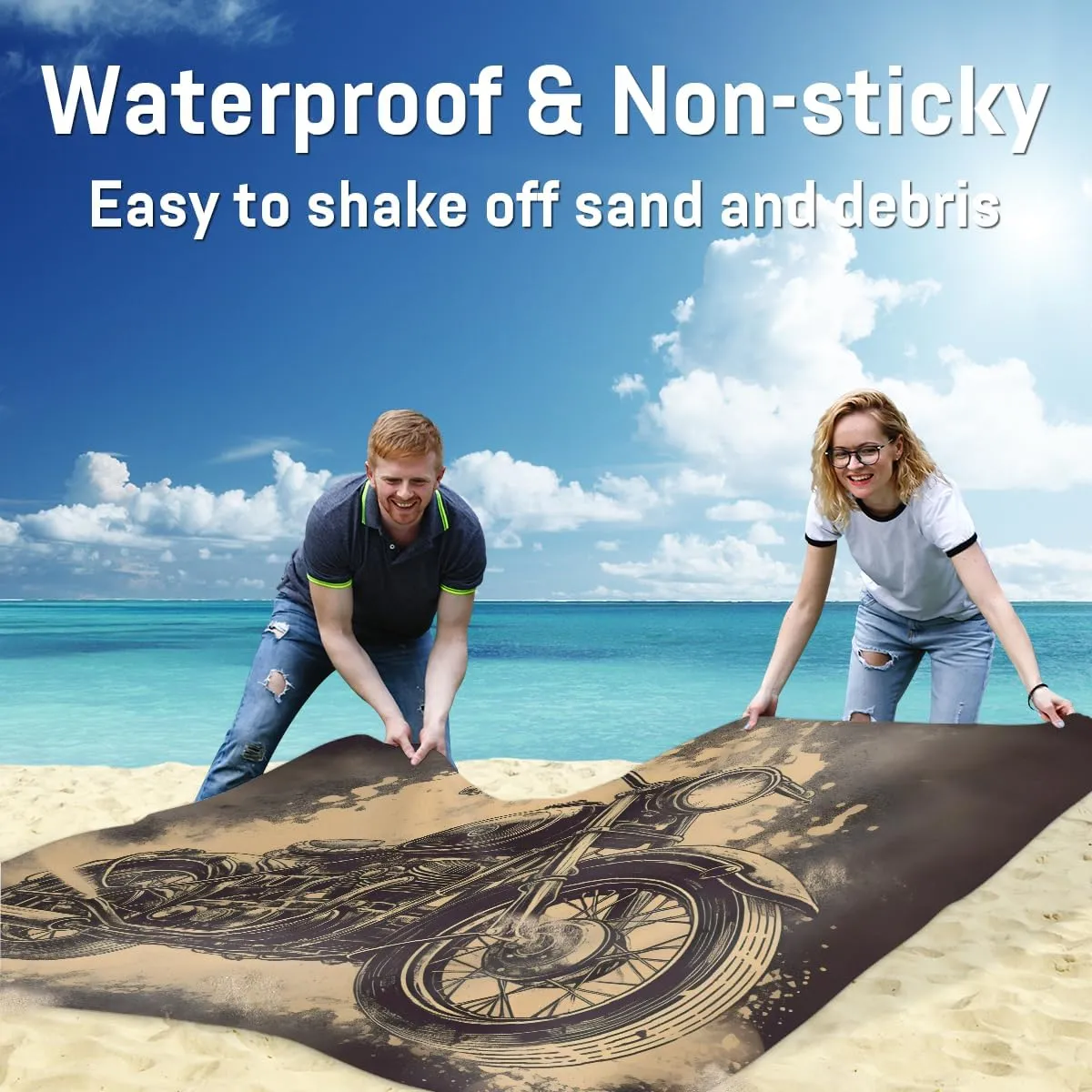 Beach Blanket, Motorcycle Sandproof Beach Mat, Waterproof Quick Drying Sand Free Mat with 4 x Ground Spikes for Outdoor Travel Camping Hiking, Sports 68 x 59 in