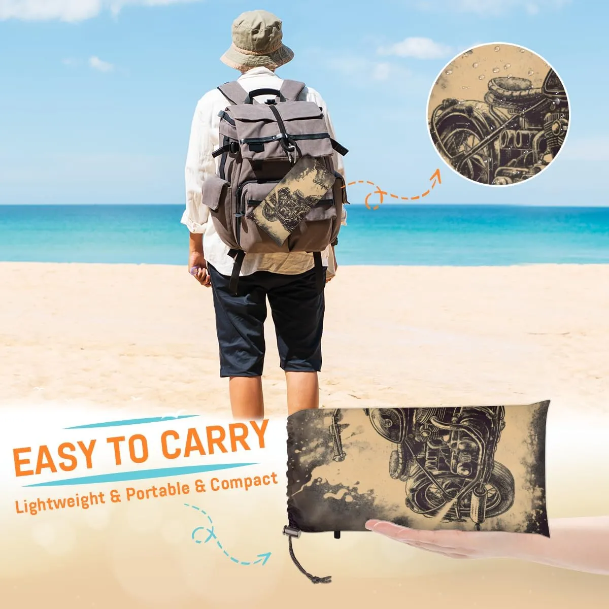 Beach Blanket, Motorcycle Sandproof Beach Mat, Waterproof Quick Drying Sand Free Mat with 4 x Ground Spikes for Outdoor Travel Camping Hiking, Sports 68 x 59 in