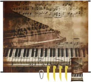 Beach Blanket, Piano Keys Sandproof Beach Mat, Waterproof Quick Drying Sand Free Mat with 4 x Ground Spikes for Outdoor Travel Camping Hiking, Music Note 68 x 59 in