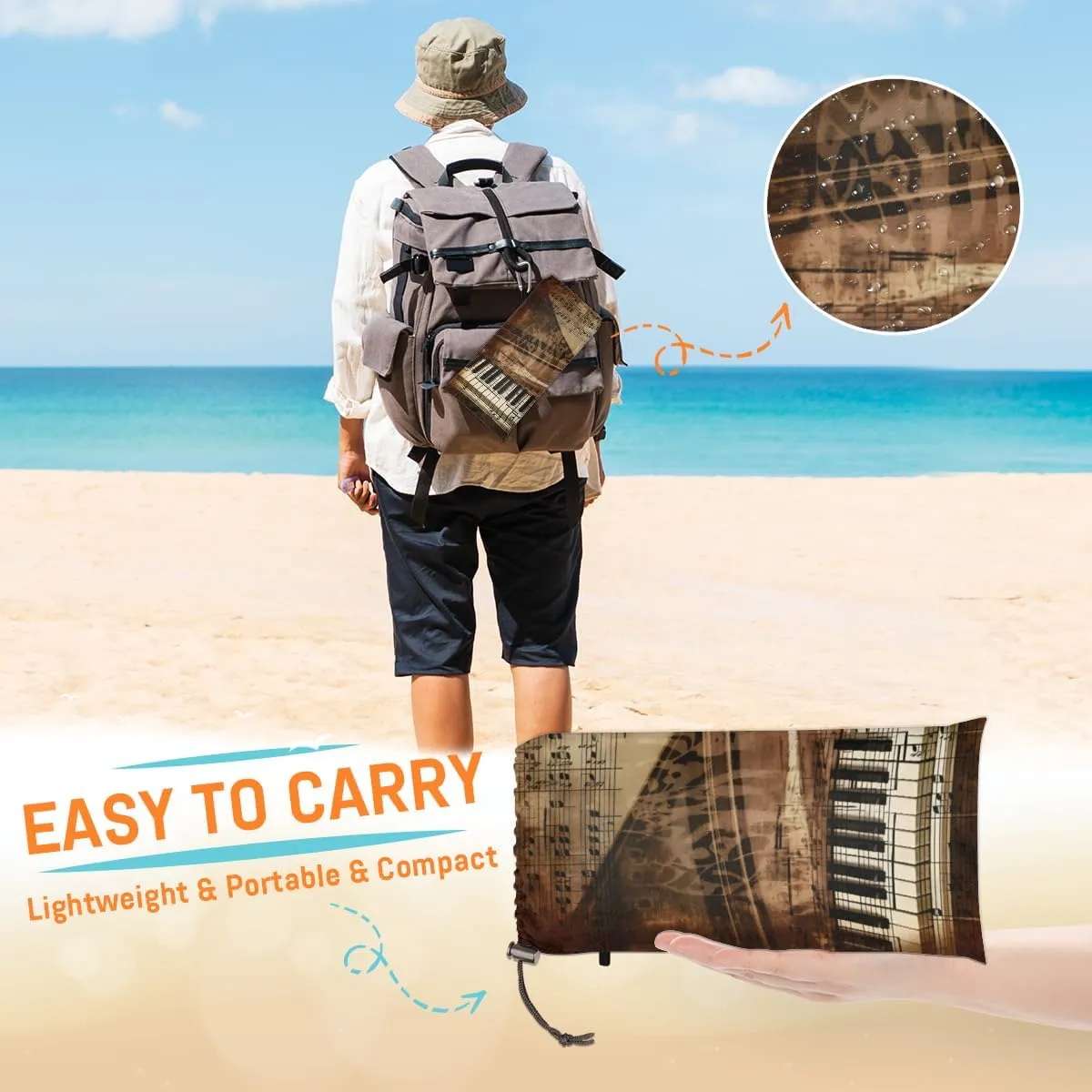 Beach Blanket, Piano Keys Sandproof Beach Mat, Waterproof Quick Drying Sand Free Mat with 4 x Ground Spikes for Outdoor Travel Camping Hiking, Music Note 68 x 59 in