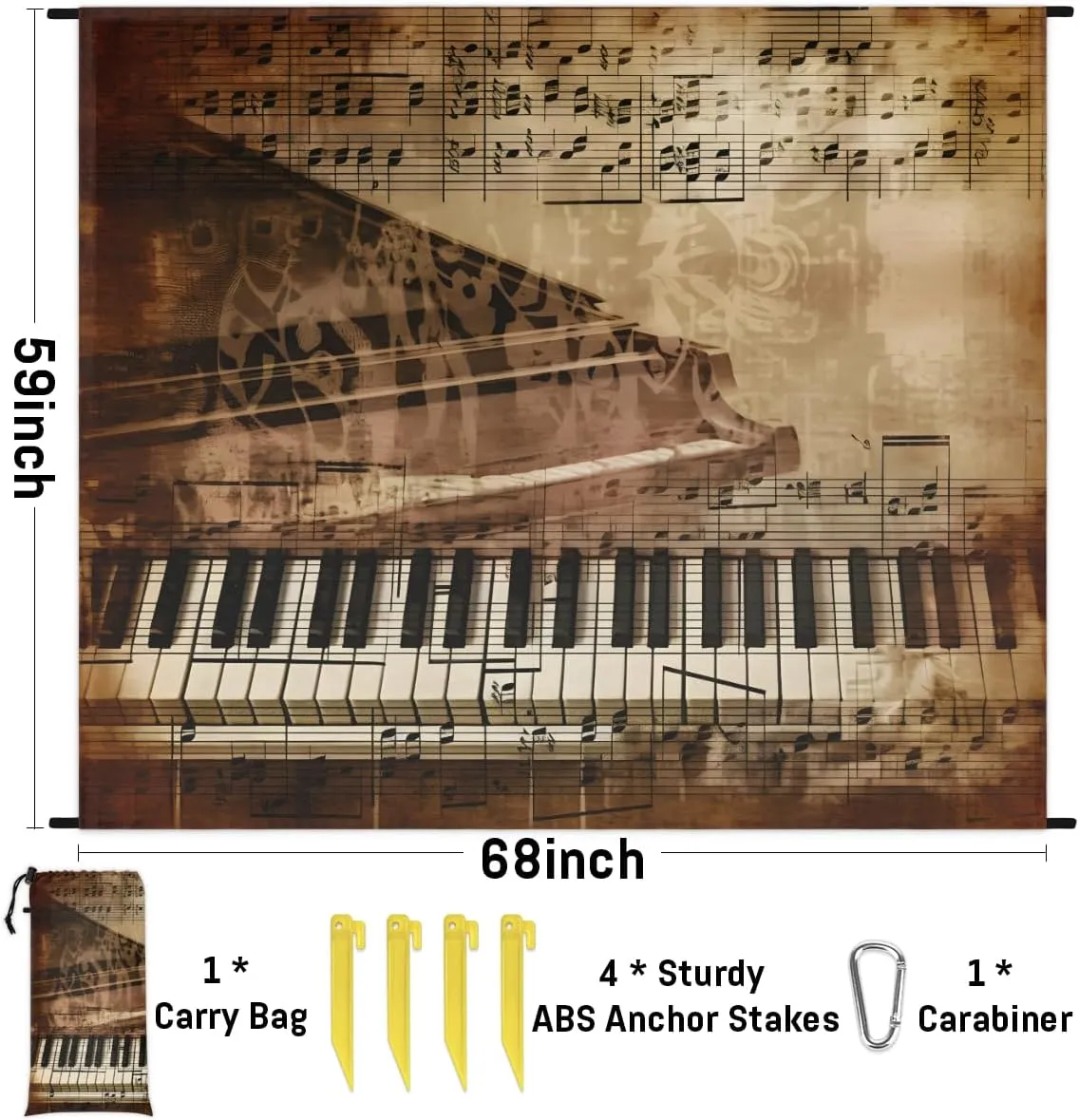 Beach Blanket, Piano Keys Sandproof Beach Mat, Waterproof Quick Drying Sand Free Mat with 4 x Ground Spikes for Outdoor Travel Camping Hiking, Music Note 68 x 59 in