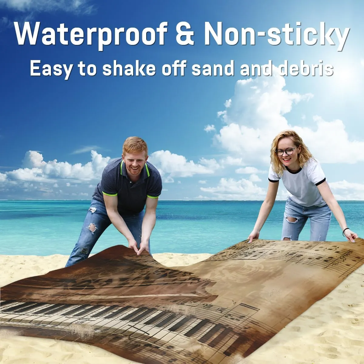 Beach Blanket, Piano Keys Sandproof Beach Mat, Waterproof Quick Drying Sand Free Mat with 4 x Ground Spikes for Outdoor Travel Camping Hiking, Music Note 68 x 59 in