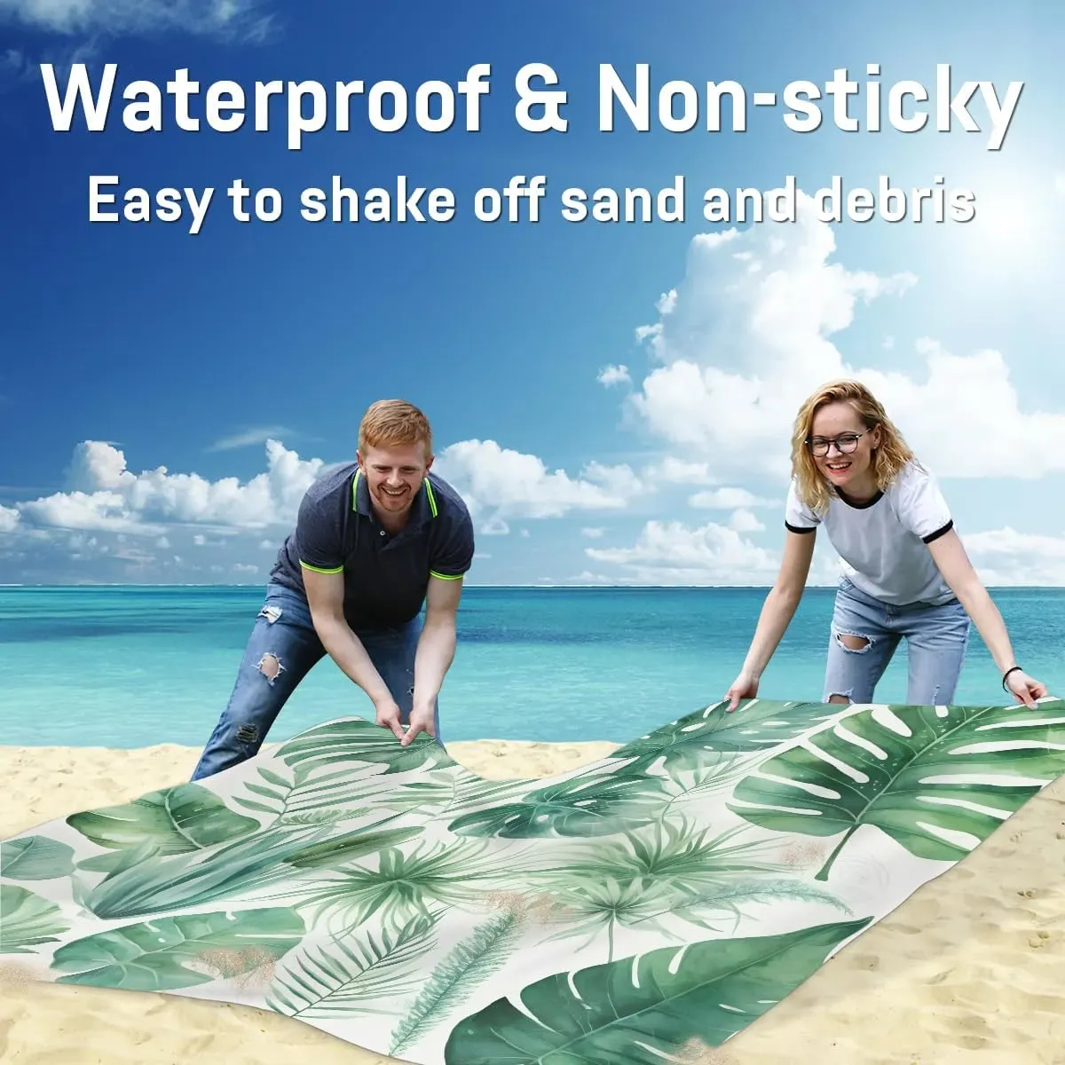 Beach Blanket, Safari Leaves Sandproof Beach Mat, Waterproof Quick Drying Sand Free Mat with 4 x Ground Spikes for Outdoor Travel Camping Hiking, Palms Leaves 68 x 59 in