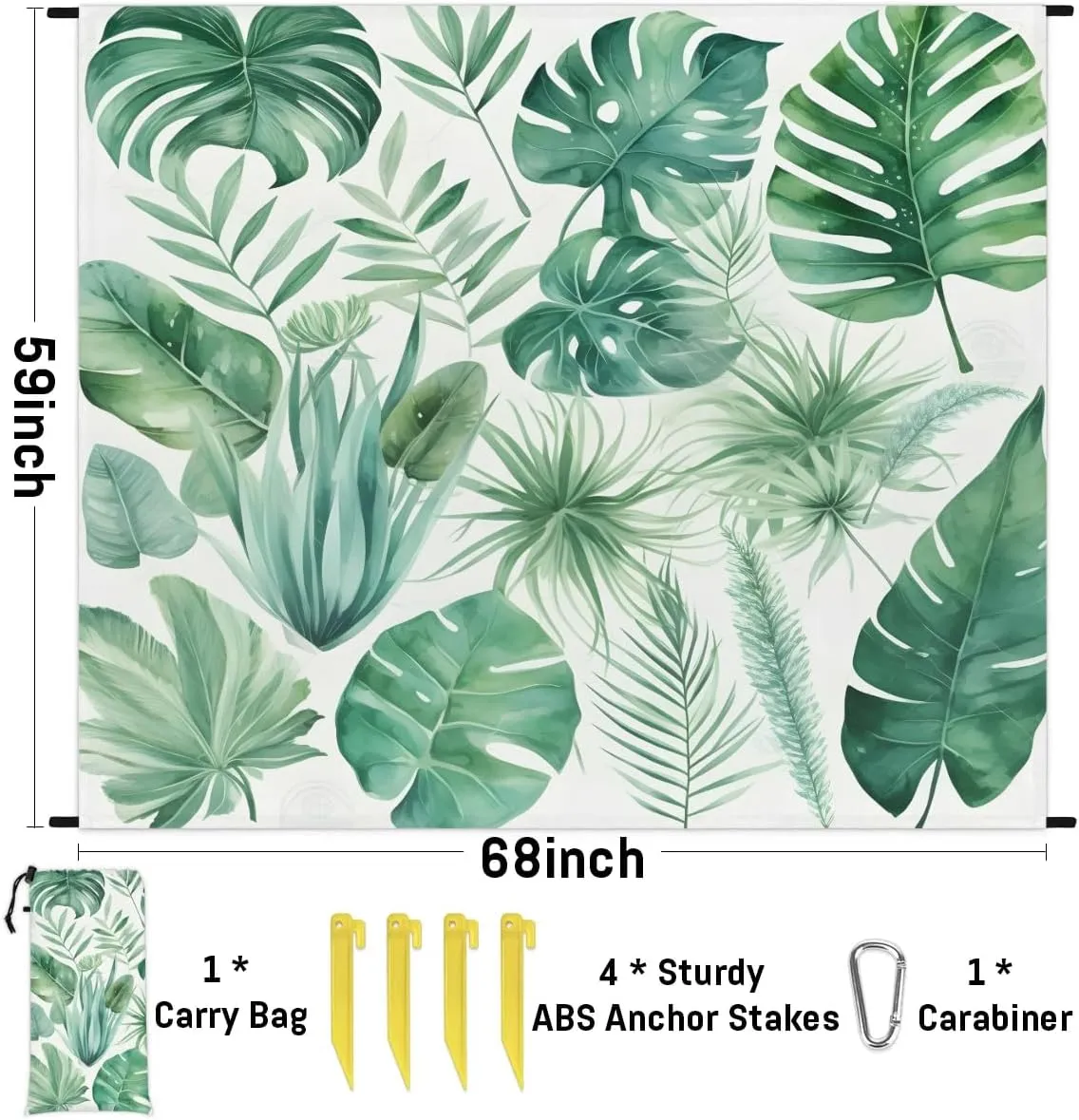Beach Blanket, Safari Leaves Sandproof Beach Mat, Waterproof Quick Drying Sand Free Mat with 4 x Ground Spikes for Outdoor Travel Camping Hiking, Palms Leaves 68 x 59 in