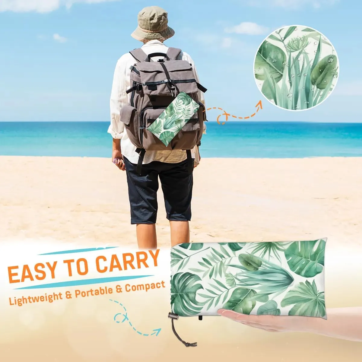 Beach Blanket, Safari Leaves Sandproof Beach Mat, Waterproof Quick Drying Sand Free Mat with 4 x Ground Spikes for Outdoor Travel Camping Hiking, Palms Leaves 68 x 59 in