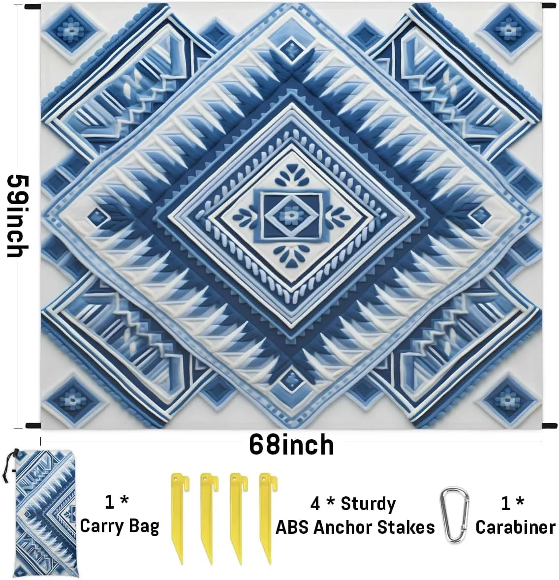 Beach Blanket, Southwestern Aztec Sandproof Beach Mat, Waterproof Quick Drying Sand Free Mat with 4 x Ground Spikes for Outdoor Travel Camping Hiking, Western Aztec 68 x 59 in