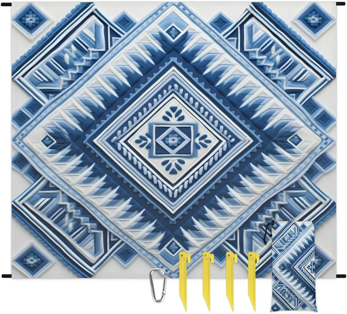 Beach Blanket, Southwestern Aztec Sandproof Beach Mat, Waterproof Quick Drying Sand Free Mat with 4 x Ground Spikes for Outdoor Travel Camping Hiking, Western Aztec 68 x 59 in