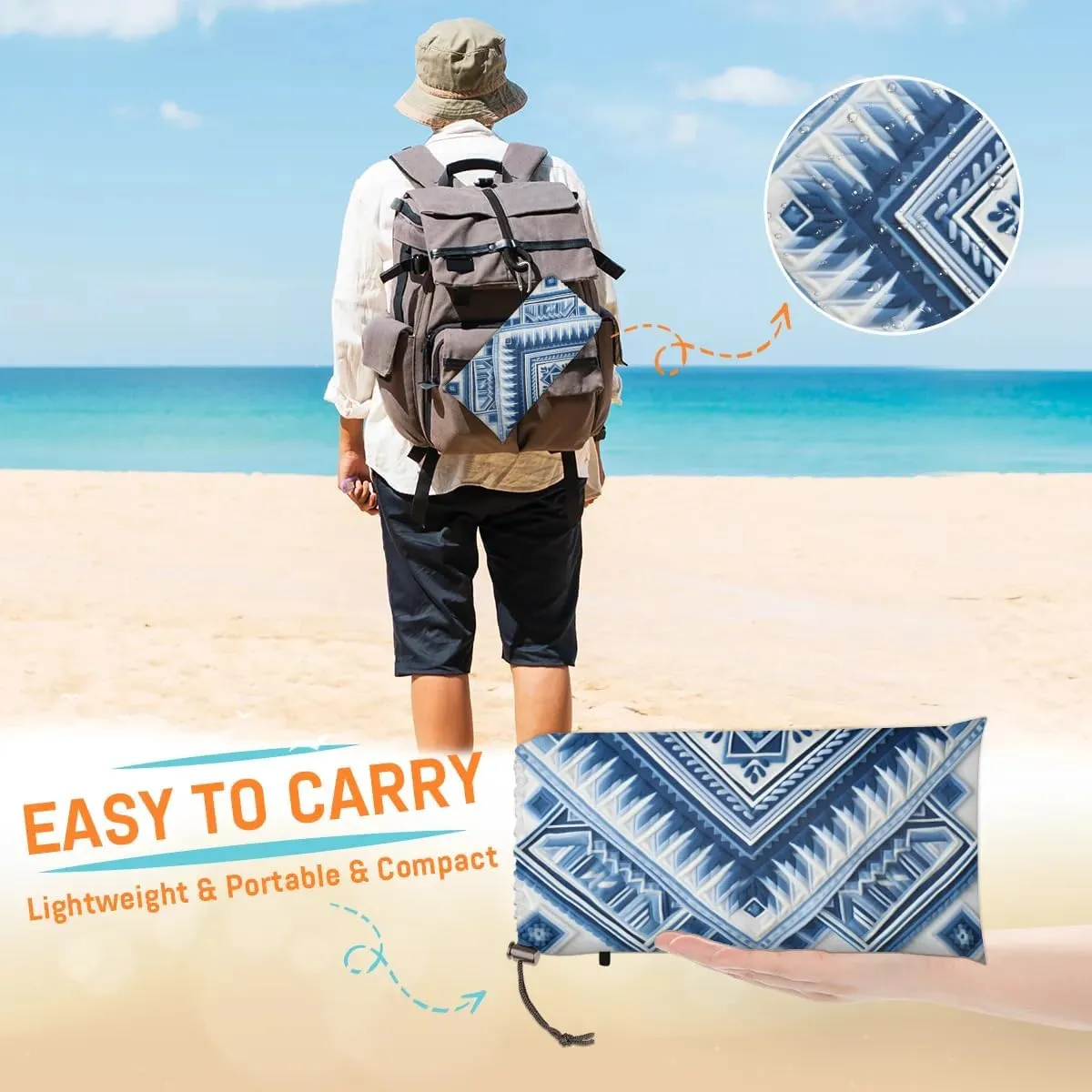 Beach Blanket, Southwestern Aztec Sandproof Beach Mat, Waterproof Quick Drying Sand Free Mat with 4 x Ground Spikes for Outdoor Travel Camping Hiking, Western Aztec 68 x 59 in