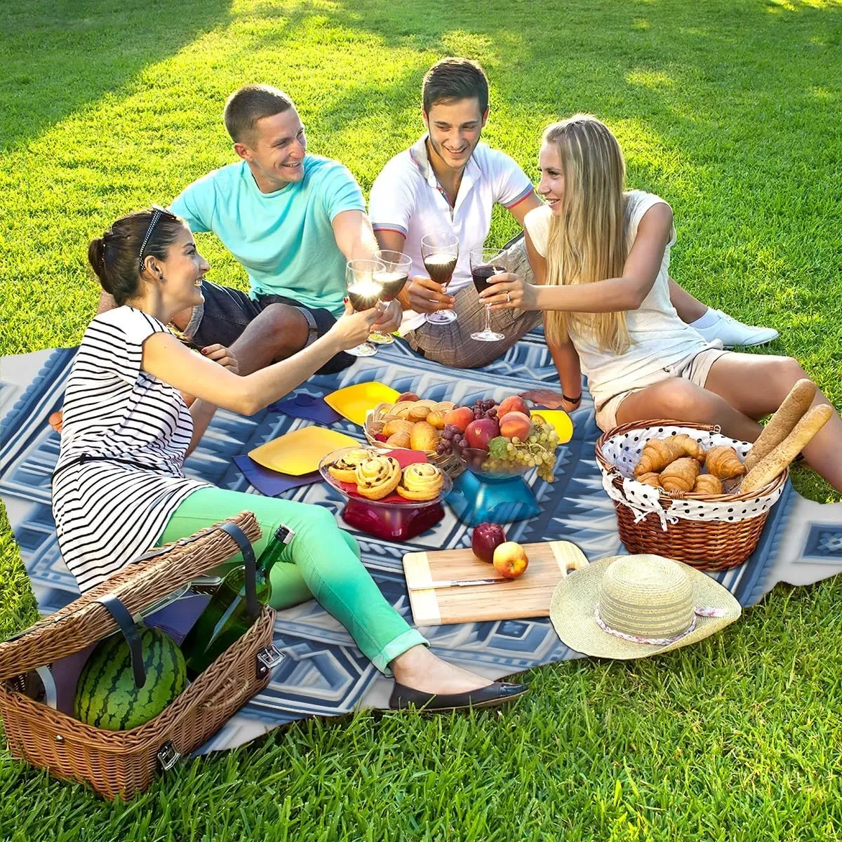 Beach Blanket, Southwestern Aztec Sandproof Beach Mat, Waterproof Quick Drying Sand Free Mat with 4 x Ground Spikes for Outdoor Travel Camping Hiking, Western Aztec 68 x 59 in