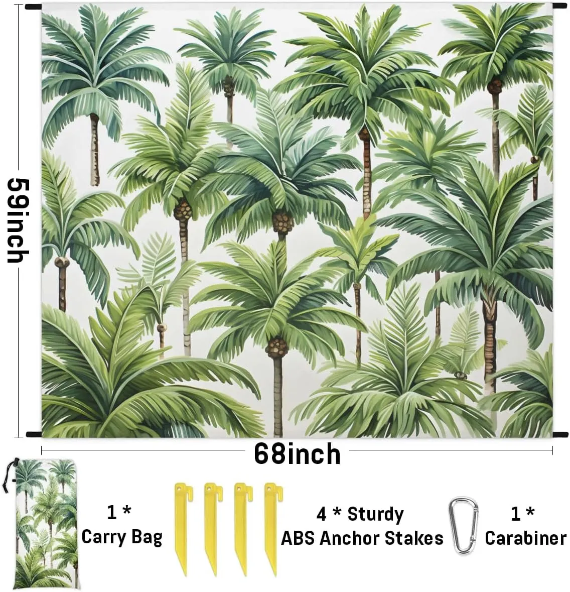 Beach Blanket, Tropical Palm Tree Sandproof Beach Mat, Waterproof Quick Drying Sand Free Mat with 4 x Ground Spikes for Outdoor Travel Camping Hiking, Coconut Palm Tree 68 x 59 in