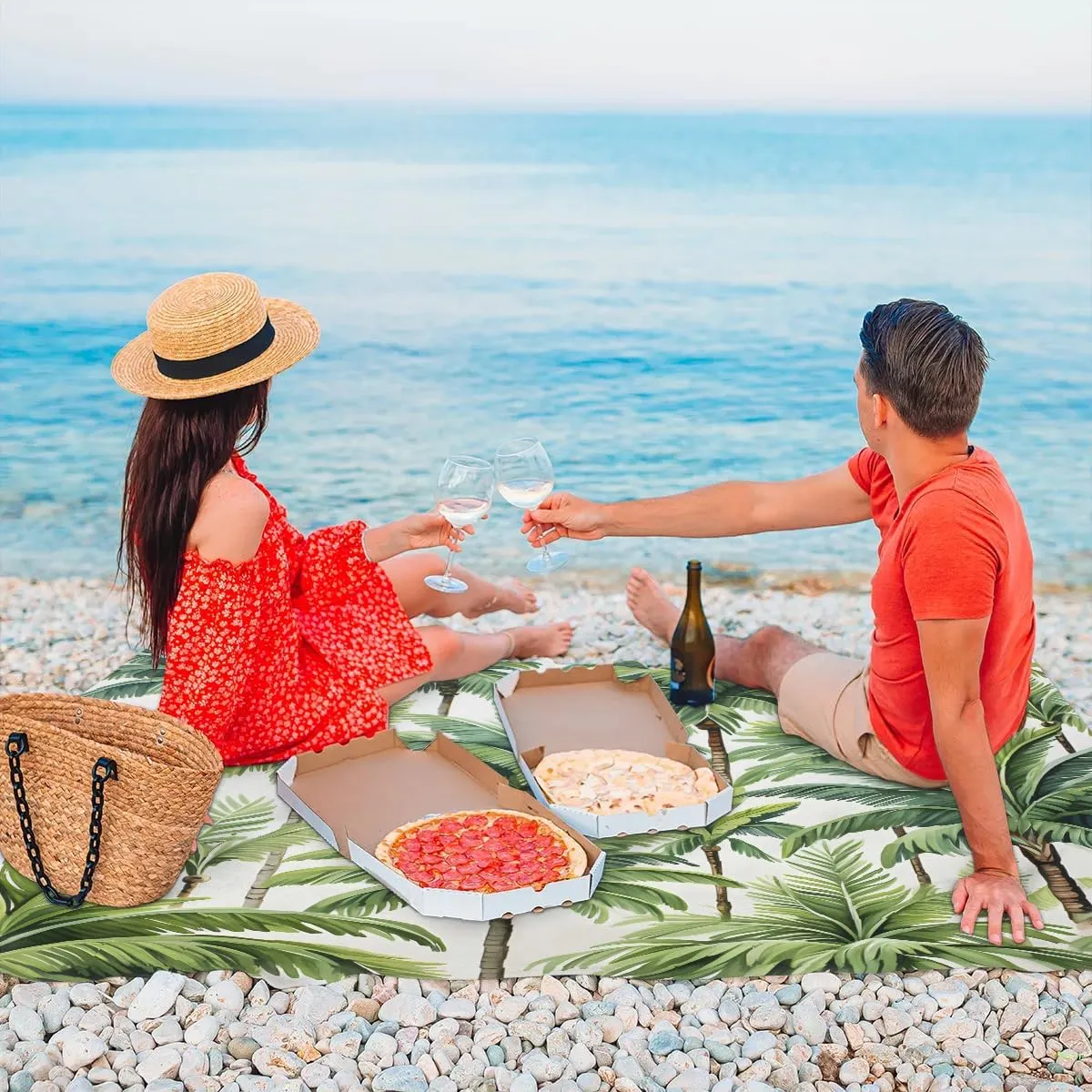 Beach Blanket, Tropical Palm Tree Sandproof Beach Mat, Waterproof Quick Drying Sand Free Mat with 4 x Ground Spikes for Outdoor Travel Camping Hiking, Coconut Palm Tree 68 x 59 in