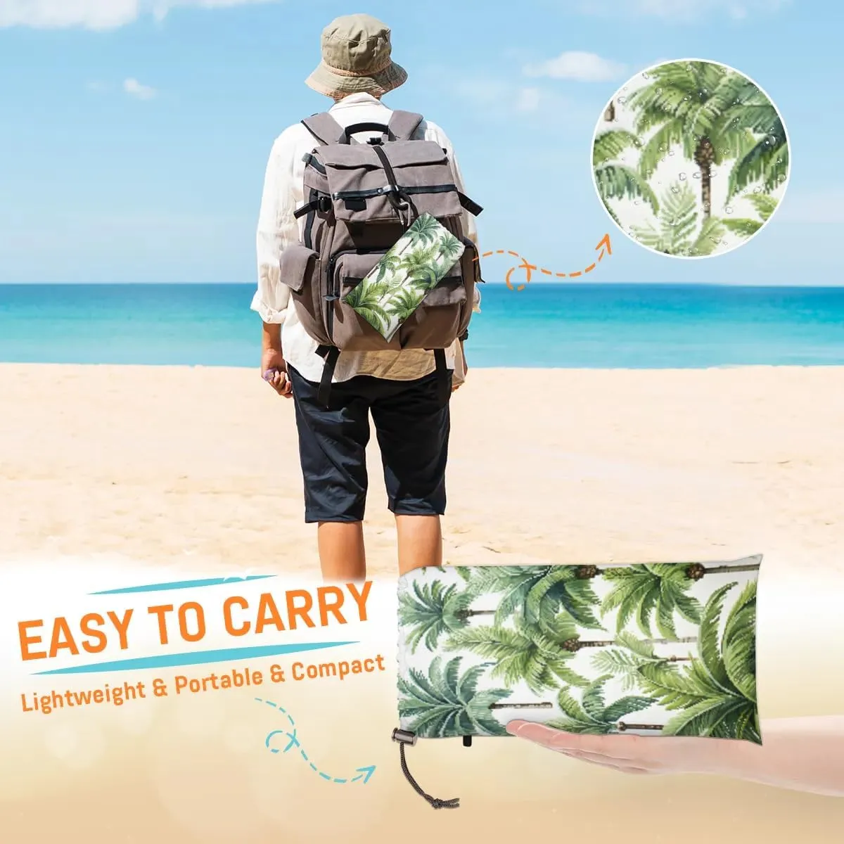 Beach Blanket, Tropical Palm Tree Sandproof Beach Mat, Waterproof Quick Drying Sand Free Mat with 4 x Ground Spikes for Outdoor Travel Camping Hiking, Coconut Palm Tree 68 x 59 in