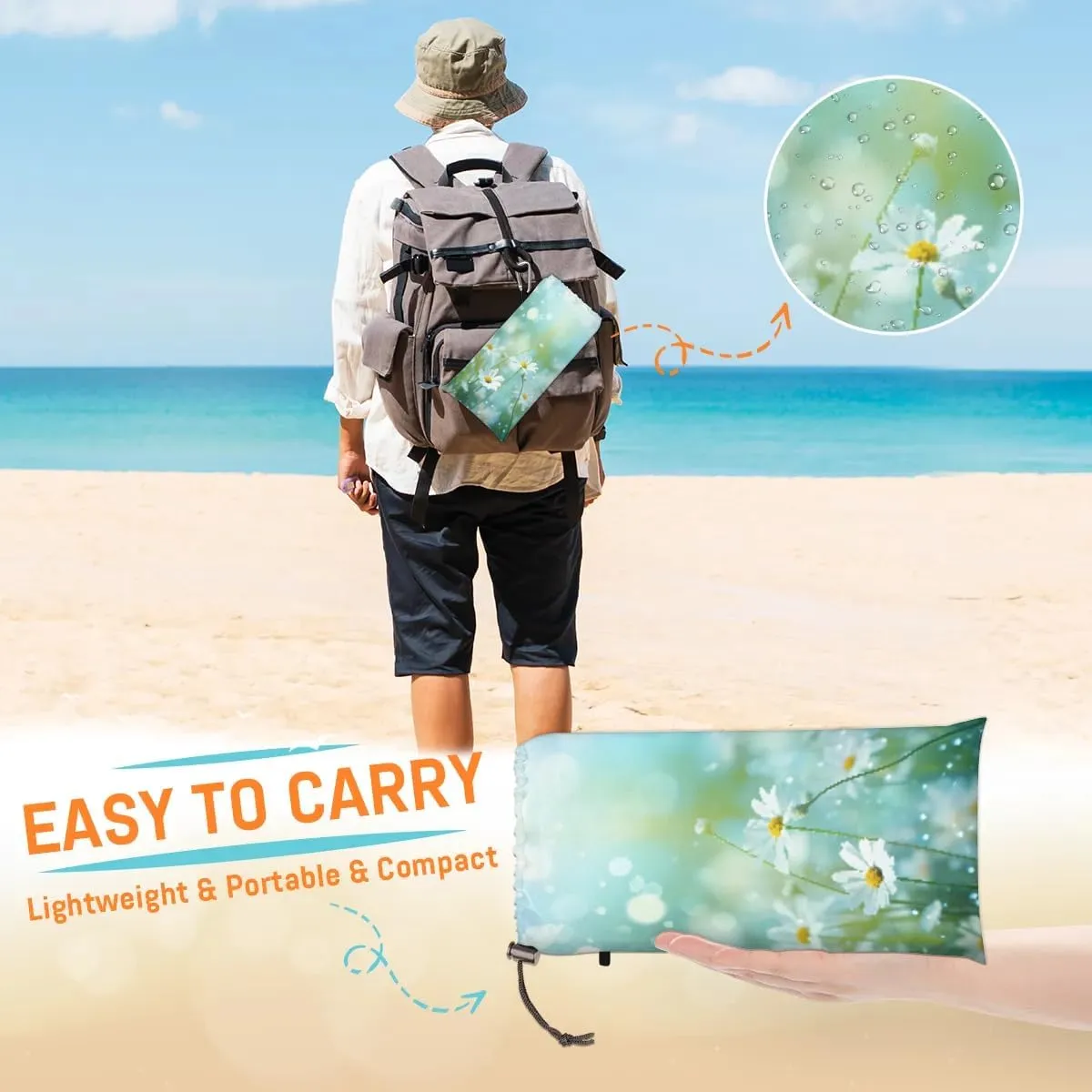 Beach Blanket, White Daisy Floral Sandproof Beach Mat, Waterproof Quick Drying Sand Free Mat with 4 x Ground Spikes for Outdoor Travel Camping Hiking, Flowers Daisies Spring 68 x 59 in