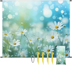 Beach Blanket, White Daisy Floral Sandproof Beach Mat, Waterproof Quick Drying Sand Free Mat with 4 x Ground Spikes for Outdoor Travel Camping Hiking, Flowers Daisies Spring 68 x 59 in