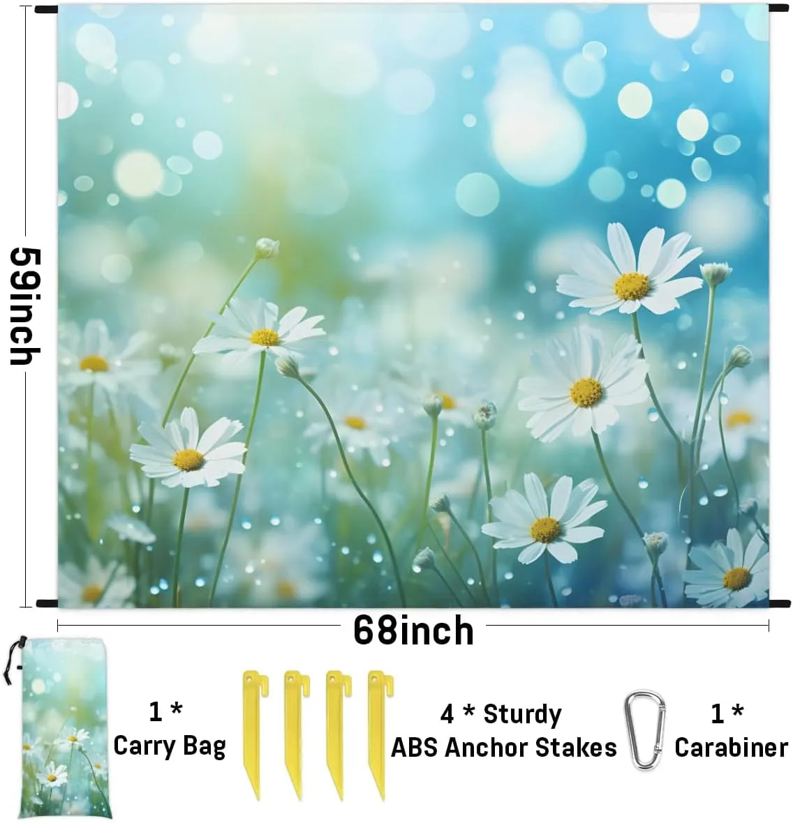 Beach Blanket, White Daisy Floral Sandproof Beach Mat, Waterproof Quick Drying Sand Free Mat with 4 x Ground Spikes for Outdoor Travel Camping Hiking, Flowers Daisies Spring 68 x 59 in