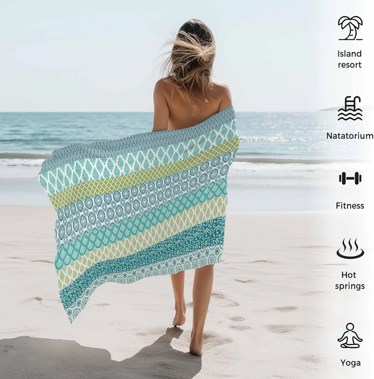 Beach Towel Boho Bath Pool Towels Bohemian Geometric Stripes Blue Green Soft Absorbent Beach Towels Large Quick Dry Lightweight Camping Travel Yoga Gym Swim Towels for Adult Kids 35x70 Inch