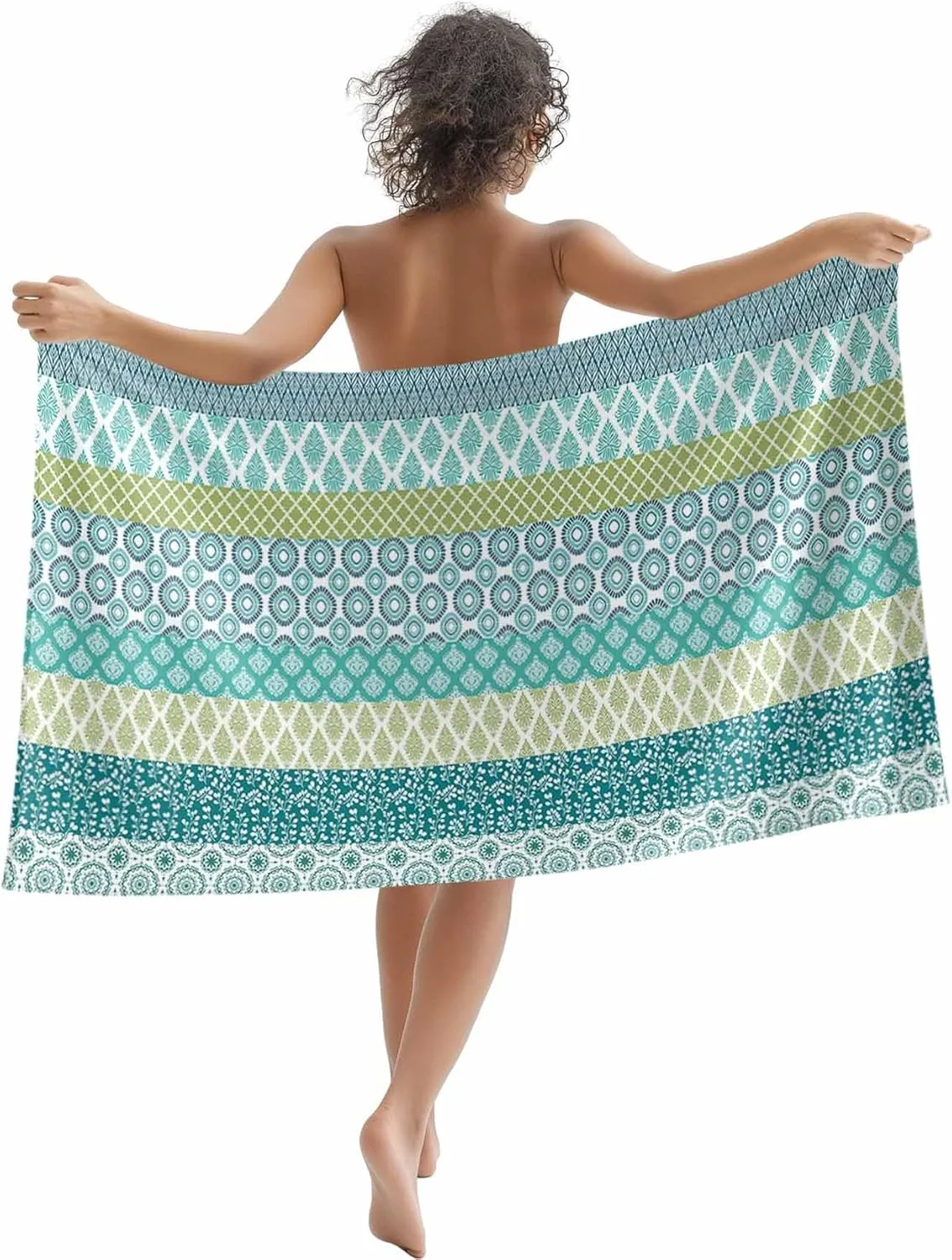 Beach Towel Boho Bath Pool Towels Bohemian Geometric Stripes Blue Green Soft Absorbent Beach Towels Large Quick Dry Lightweight Camping Travel Yoga Gym Swim Towels for Adult Kids 35x70 Inch