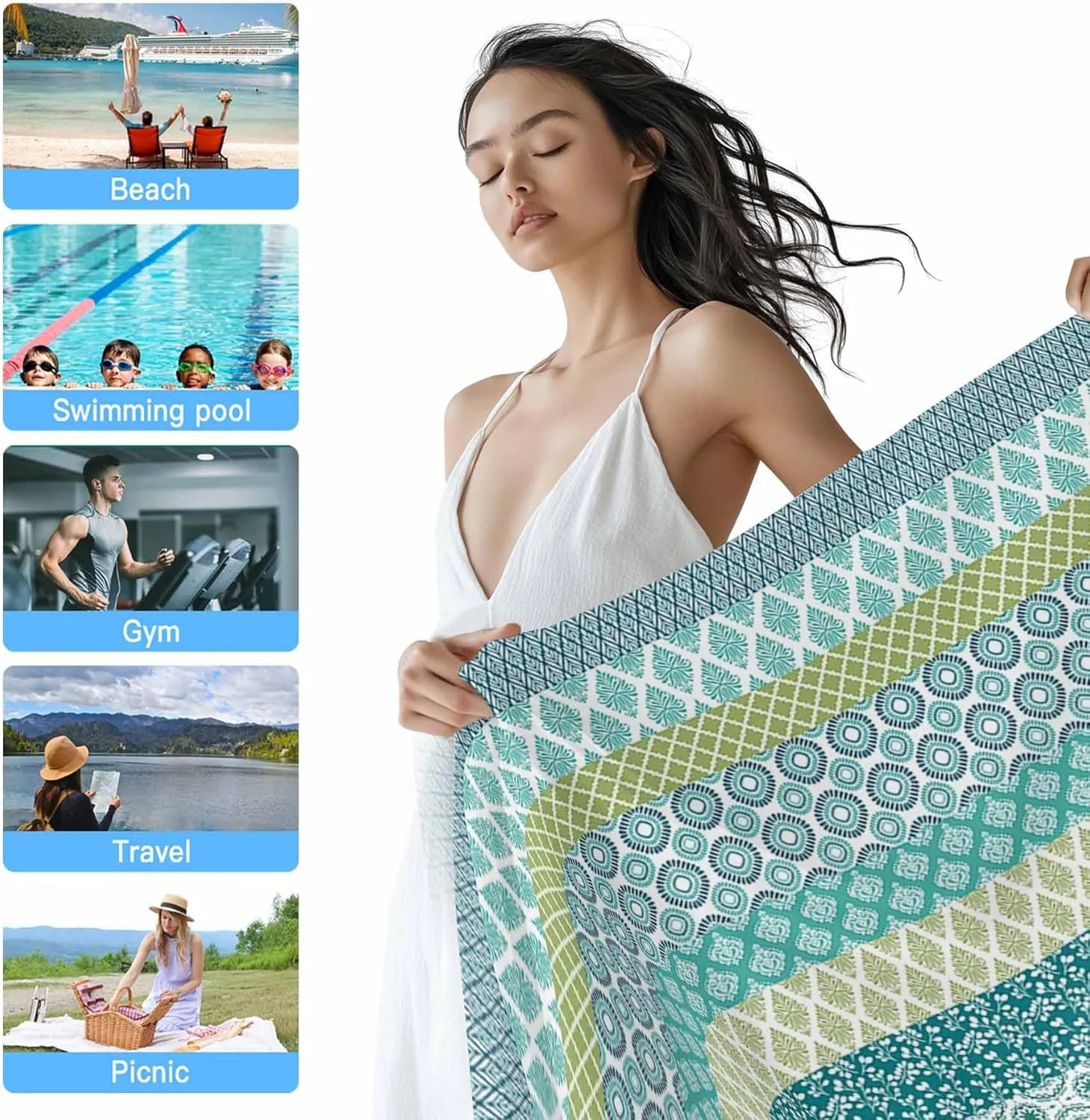 Beach Towel Boho Bath Pool Towels Bohemian Geometric Stripes Blue Green Soft Absorbent Beach Towels Large Quick Dry Lightweight Camping Travel Yoga Gym Swim Towels for Adult Kids 35x70 Inch