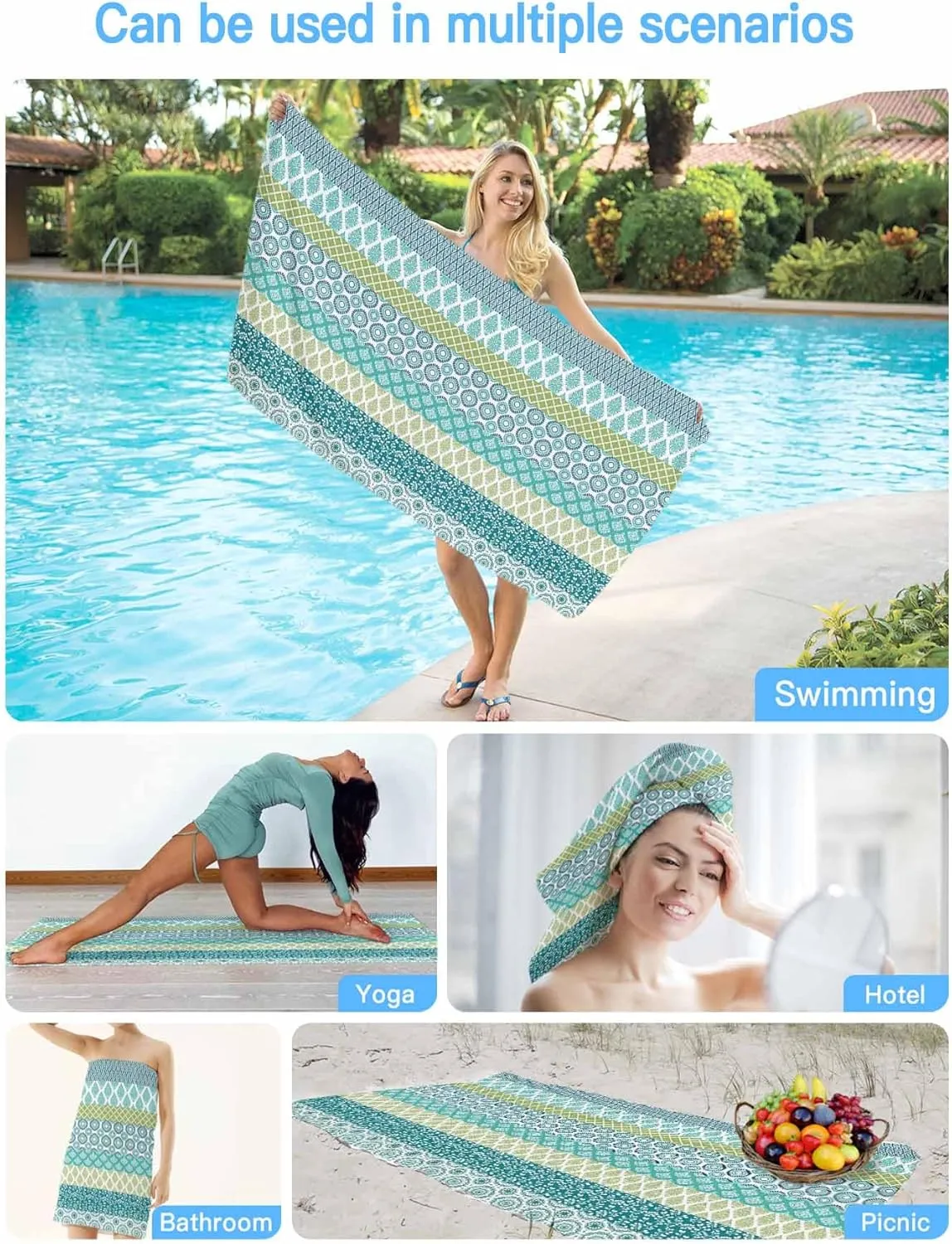 Beach Towel Boho Bath Pool Towels Bohemian Geometric Stripes Blue Green Soft Absorbent Beach Towels Large Quick Dry Lightweight Camping Travel Yoga Gym Swim Towels for Adult Kids 35x70 Inch