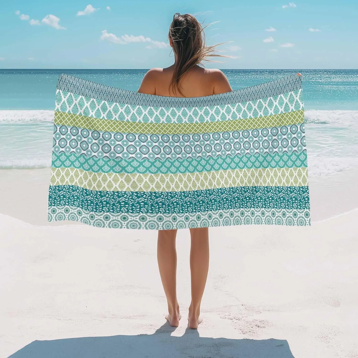 Beach Towel Boho Bath Pool Towels Bohemian Geometric Stripes Blue Green Soft Absorbent Beach Towels Large Quick Dry Lightweight Camping Travel Yoga Gym Swim Towels for Adult Kids 35x70 Inch