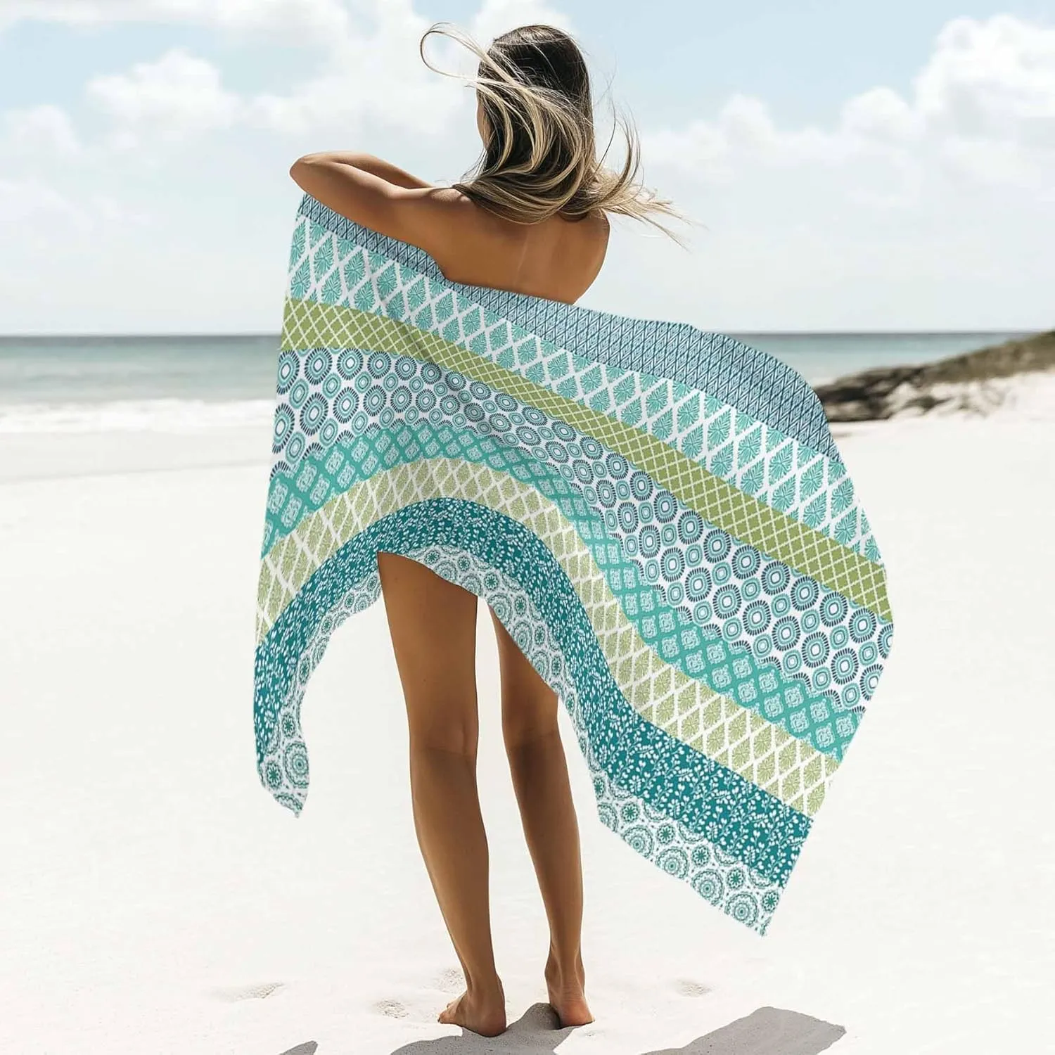 Beach Towel Boho Bath Pool Towels Bohemian Geometric Stripes Blue Green Soft Absorbent Beach Towels Large Quick Dry Lightweight Camping Travel Yoga Gym Swim Towels for Adult Kids 35x70 Inch