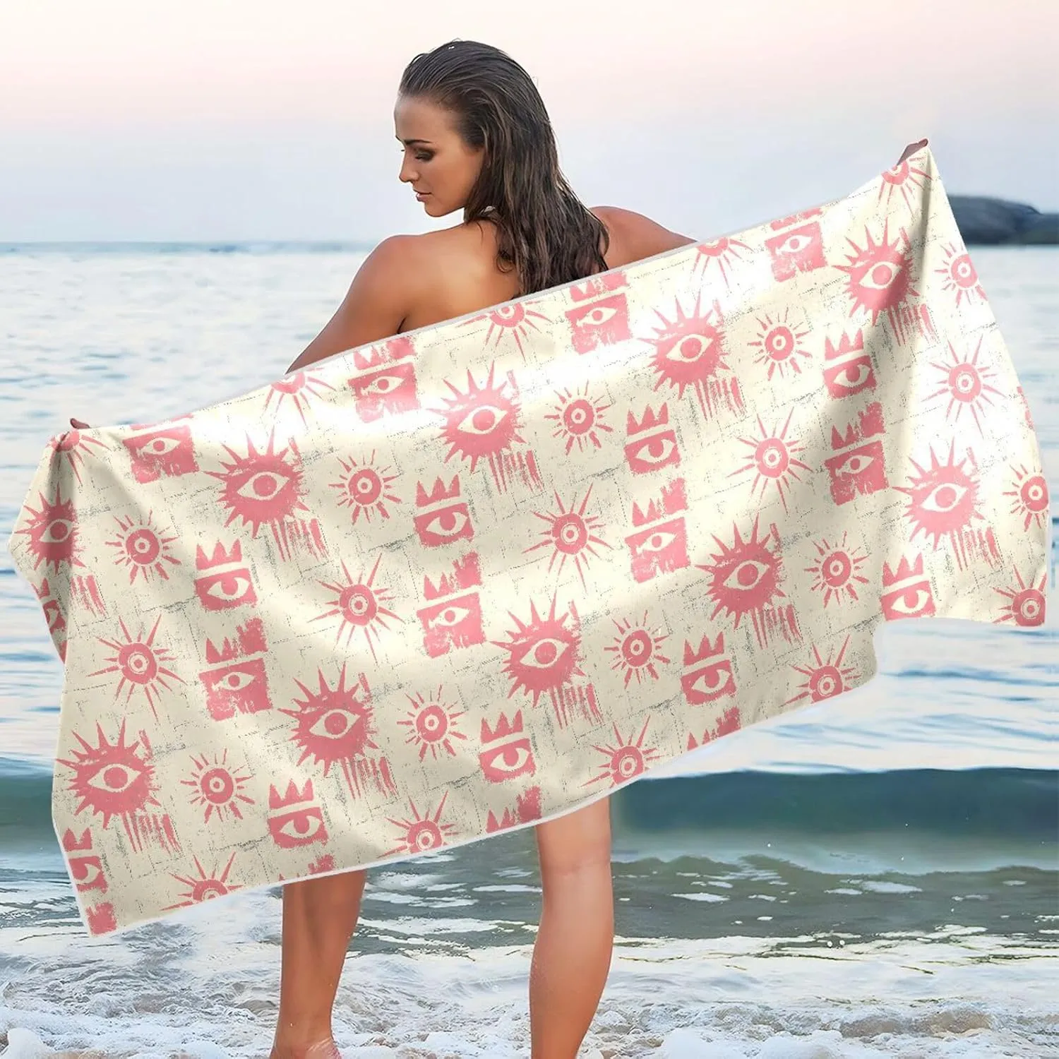Beach Towel Funny Eyes Pattern Print Oversized Sand Free Quick Dry Lightweight with Storage Bag for Women Men 31X71 in