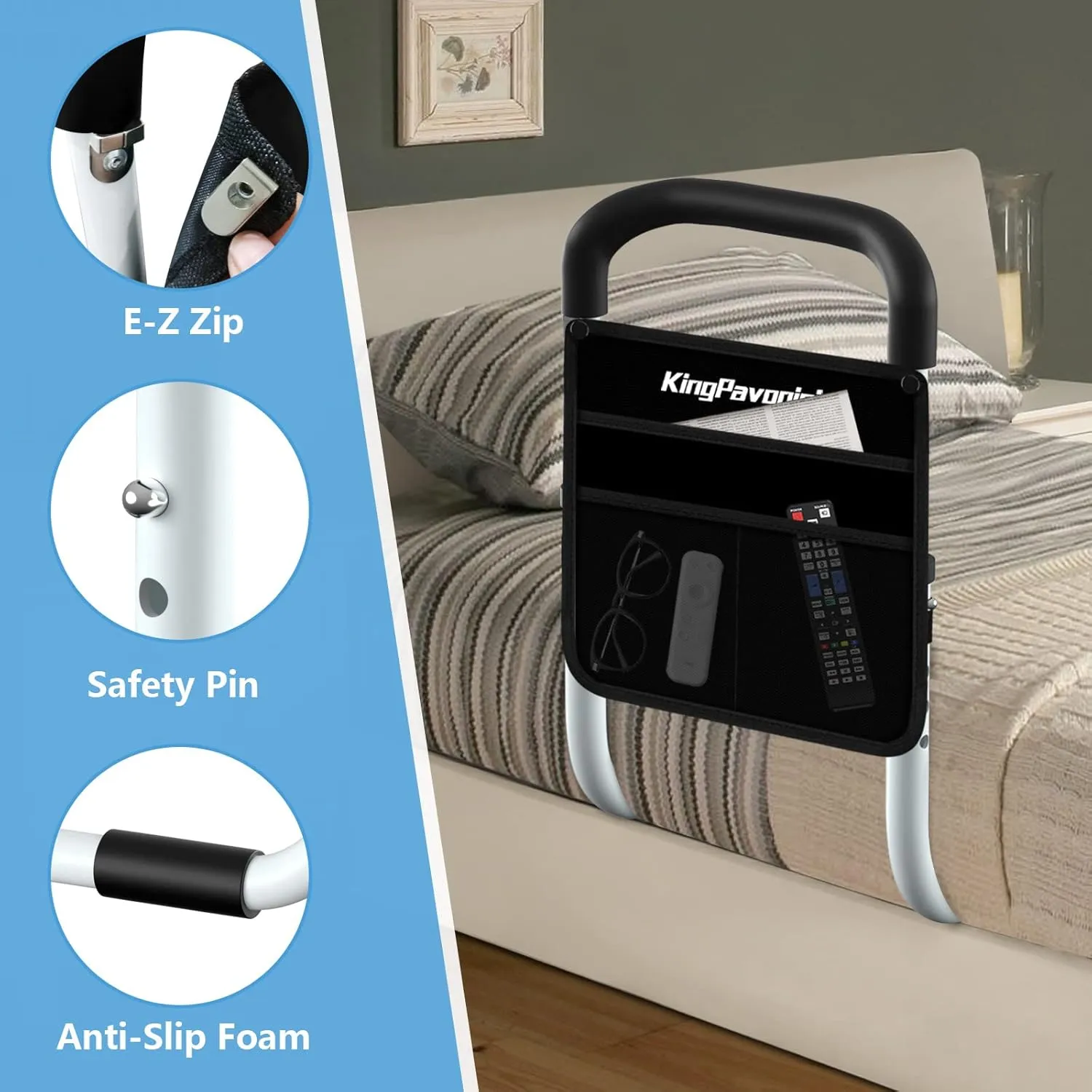 Bed Rail - Bed Rails for Elderly Adults - Medical Bed Support Bar Mobility Assistant with Free Storage Bag and Fixing Strap, Fit King, Queen, Full, Twin, Medium