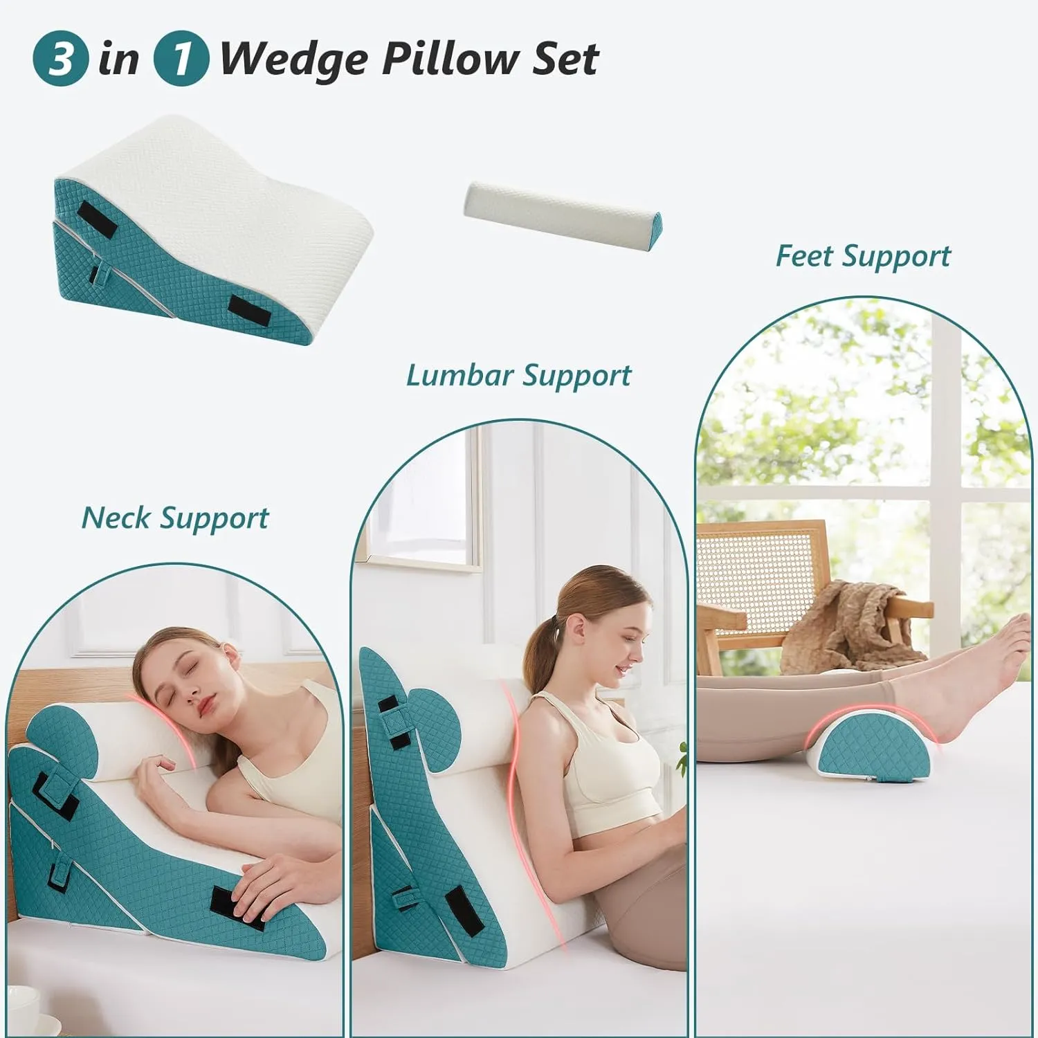 Bed Wedge Pillow for Sleeping 3 PCS - 35D Foam Wedge Pillow Post Surgery for Back Leg Pain Relief - 22.5" Wide Triangle Pillow Wedge for Acid Reflux & Snoring & GERD (White Blue)