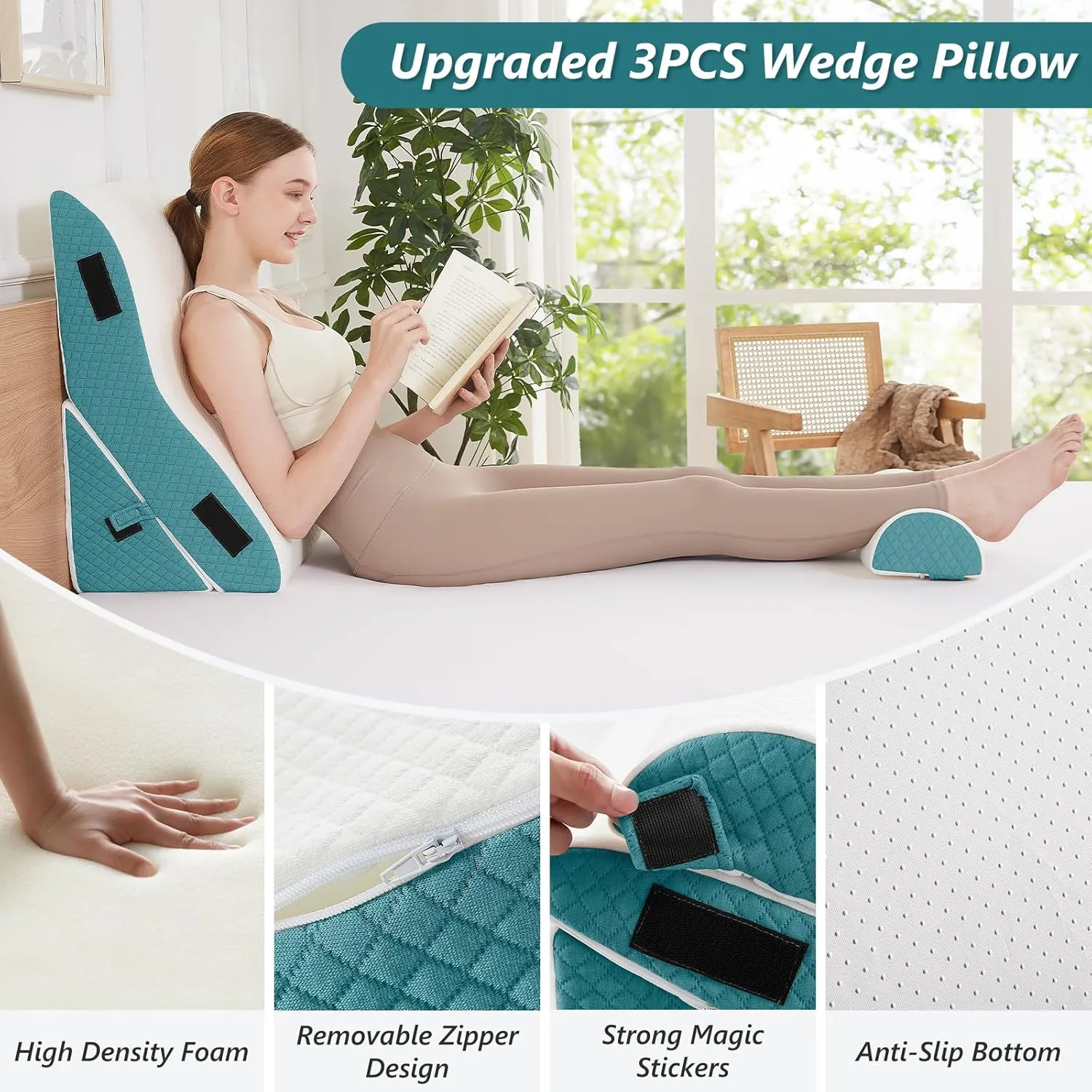 Bed Wedge Pillow for Sleeping 3 PCS - 35D Foam Wedge Pillow Post Surgery for Back Leg Pain Relief - 22.5" Wide Triangle Pillow Wedge for Acid Reflux & Snoring & GERD (White Blue)