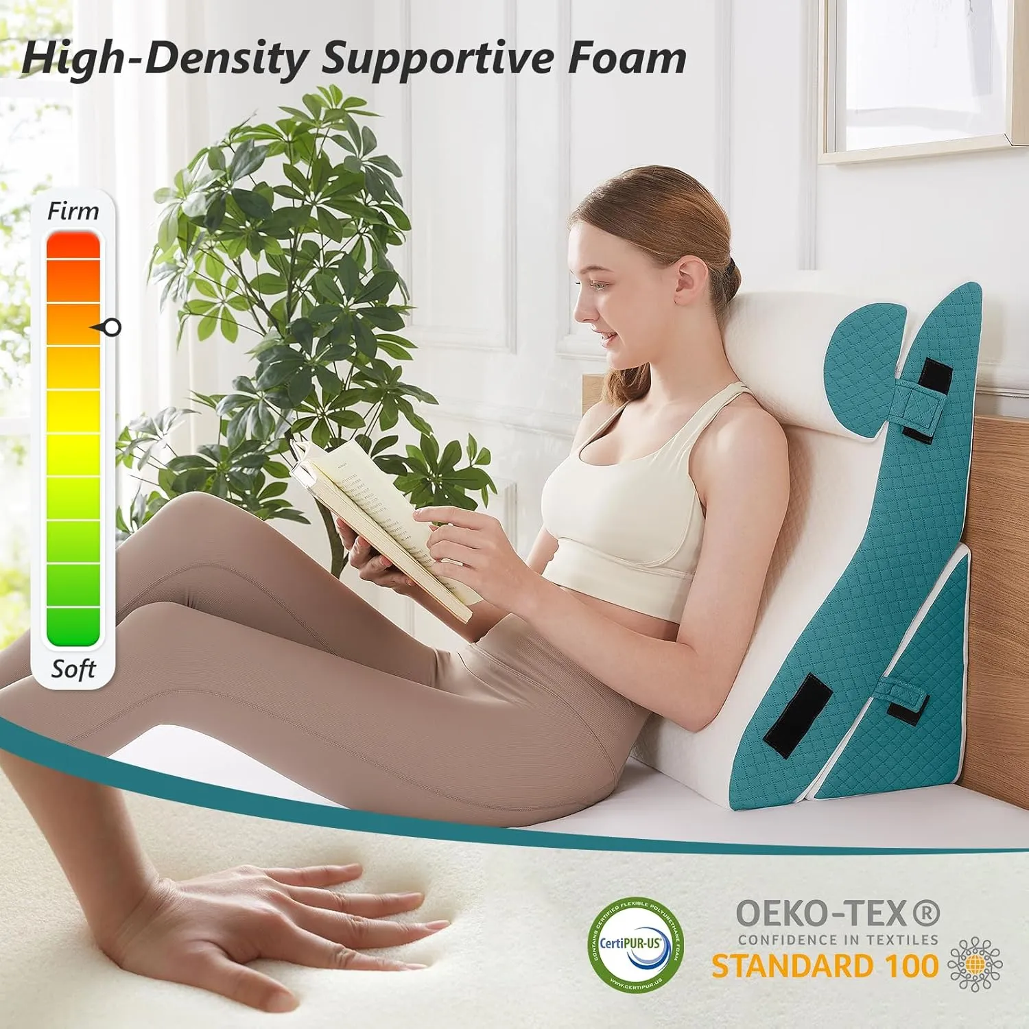 Bed Wedge Pillow for Sleeping 3 PCS - 35D Foam Wedge Pillow Post Surgery for Back Leg Pain Relief - 22.5" Wide Triangle Pillow Wedge for Acid Reflux & Snoring & GERD (White Blue)