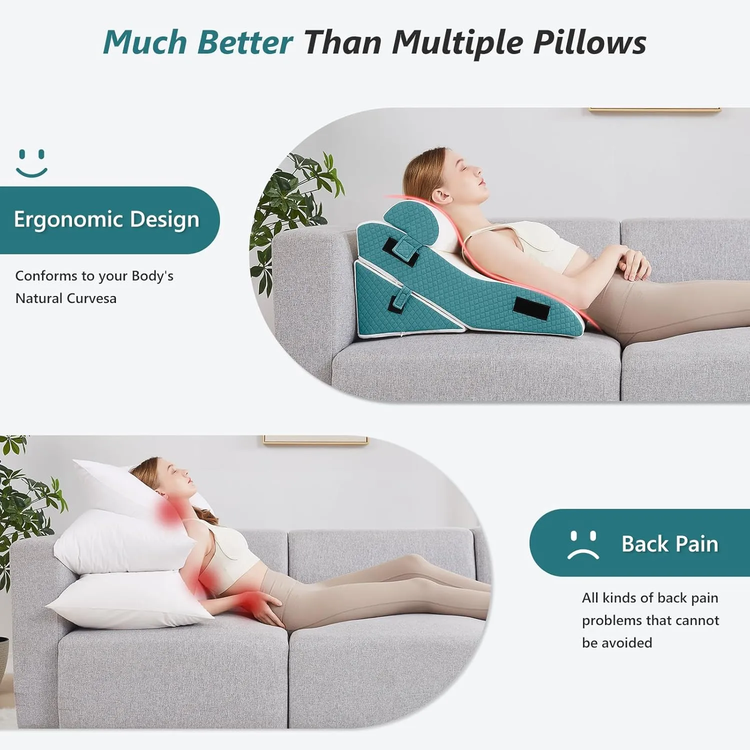 Bed Wedge Pillow for Sleeping 3 PCS - 35D Foam Wedge Pillow Post Surgery for Back Leg Pain Relief - 22.5" Wide Triangle Pillow Wedge for Acid Reflux & Snoring & GERD (White Blue)