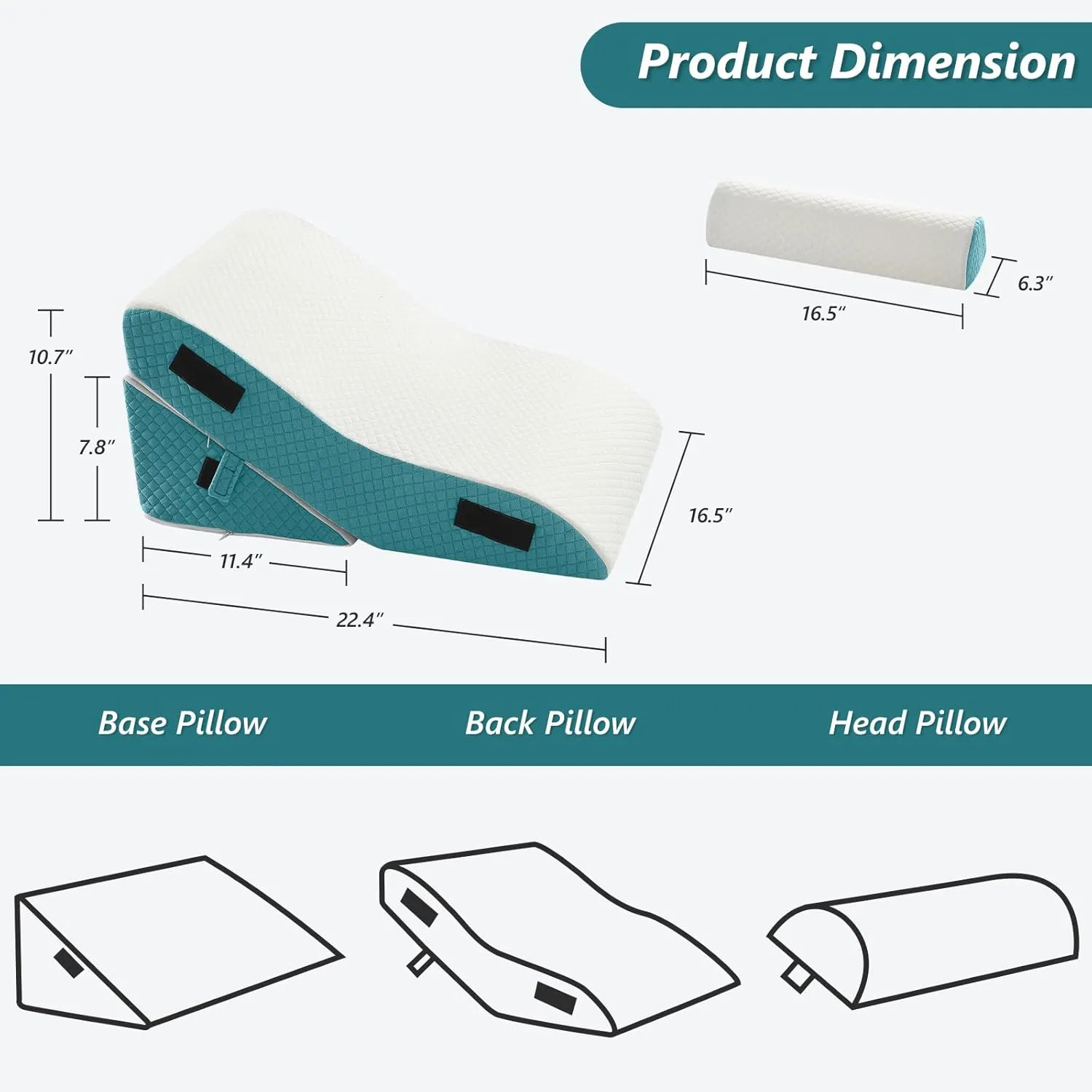 Bed Wedge Pillow for Sleeping 3 PCS - 35D Foam Wedge Pillow Post Surgery for Back Leg Pain Relief - 22.5" Wide Triangle Pillow Wedge for Acid Reflux & Snoring & GERD (White Blue)