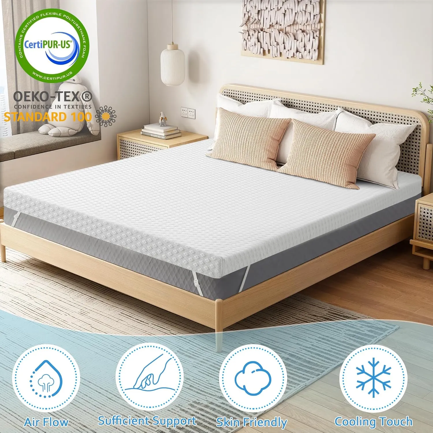 BEDHOURS 3 Inch Gel Memory Foam Mattress Topper King Size, Ventilated Mattress Pad for Pressure Relief, Cooling Soft Bed Topper with Removable Cover (White, King)