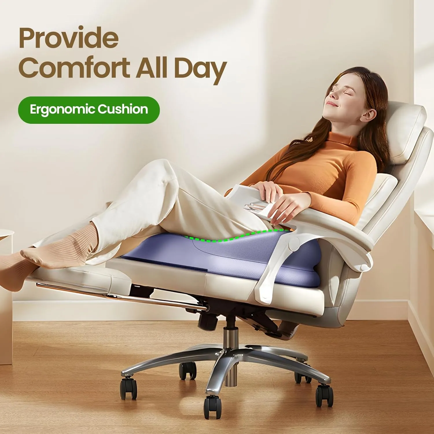 Benazcap Large Seat Cushion for Office Chair Memory Foam Coccyx Pain Relief Cushion Pillow for Back Support Non-Slip Seat Pad for Office Desk, Car Seat, Wheelchair, Sciatica-Blue