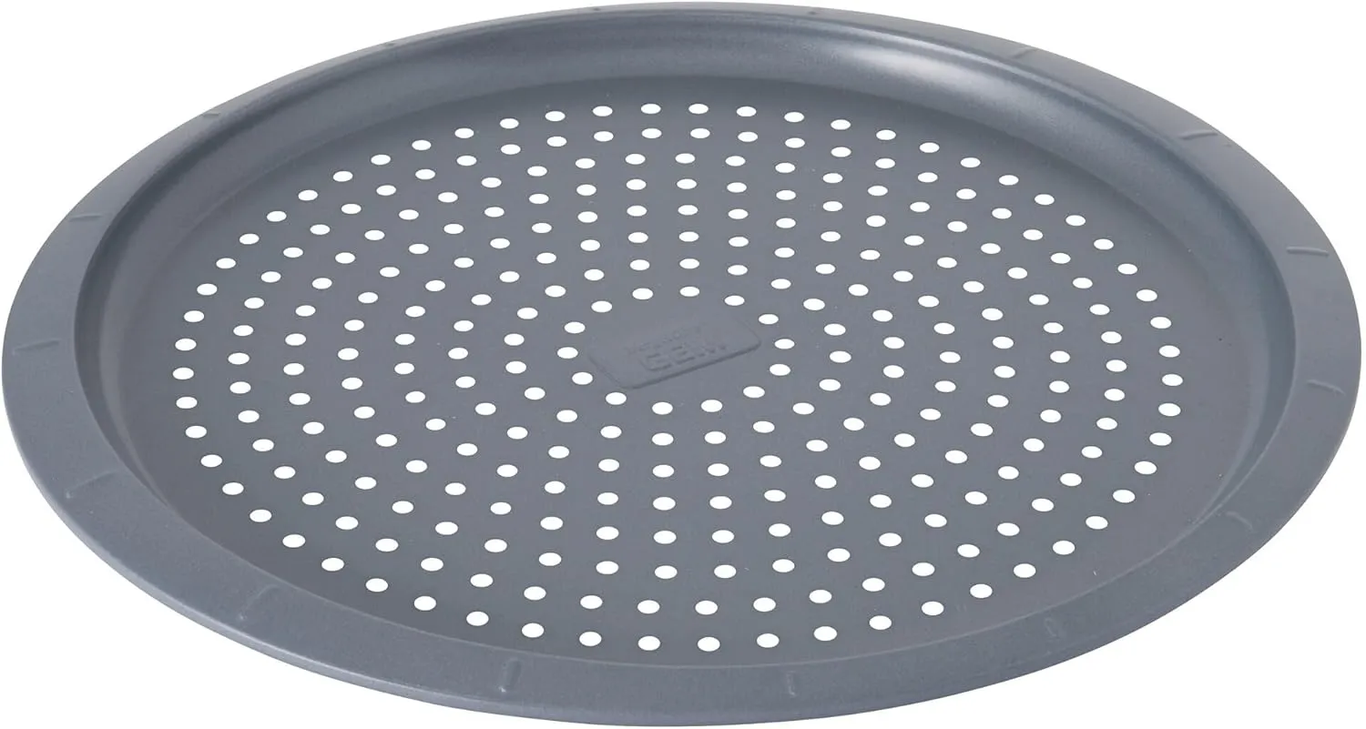 Berghoff GEM Non-stick Carbon Steel Round 14.5" Perforated Pizza Pan 1.1 qt., Ferno-Green, Non-Toxic coating, Even Baking, Portion Control Grid Lines