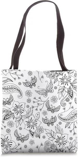 Black and White Choose Your Own Colors Cute Floral Butterfly Tote Bag