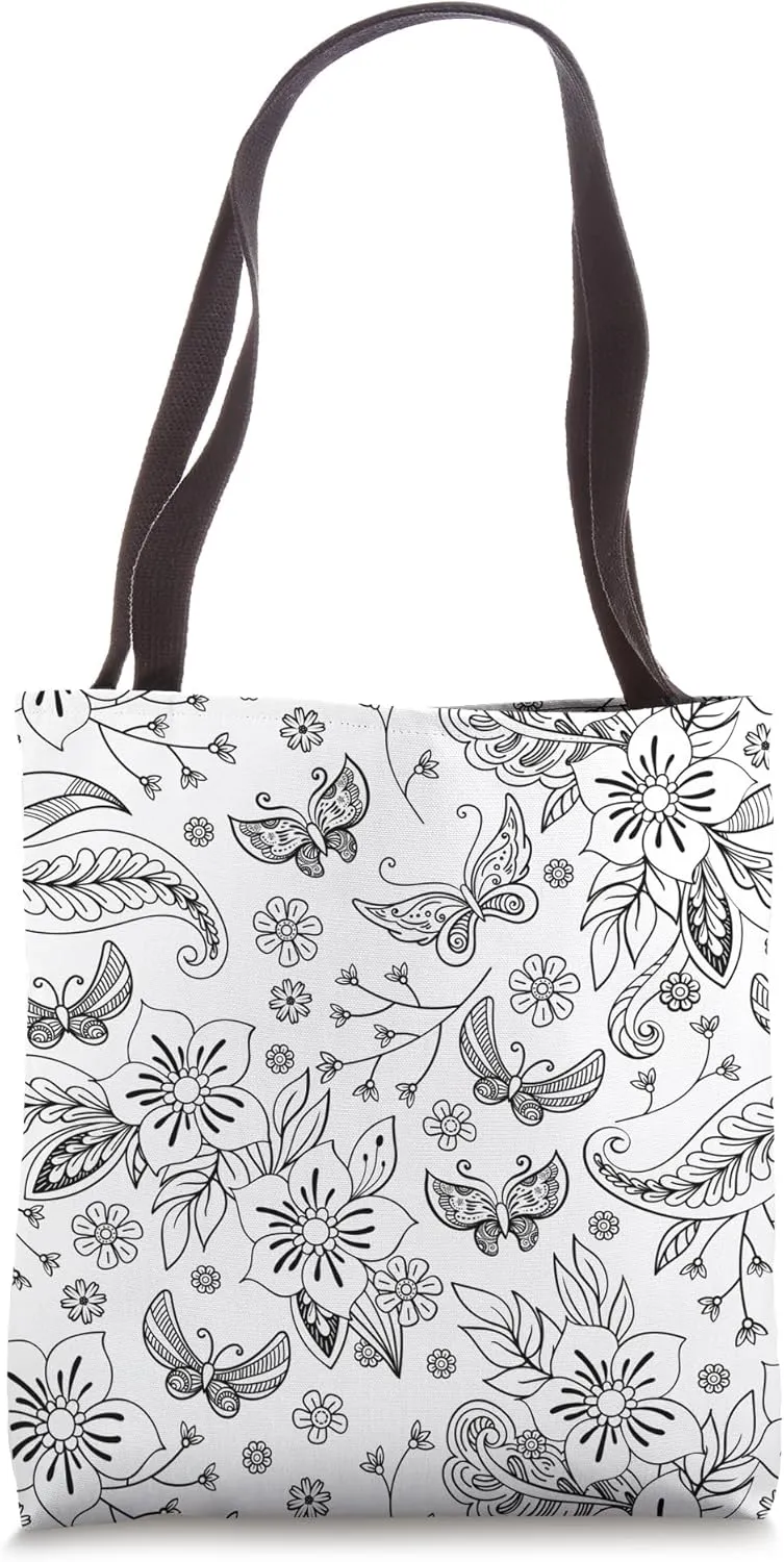 Black and White Choose Your Own Colors Cute Floral Butterfly Tote Bag